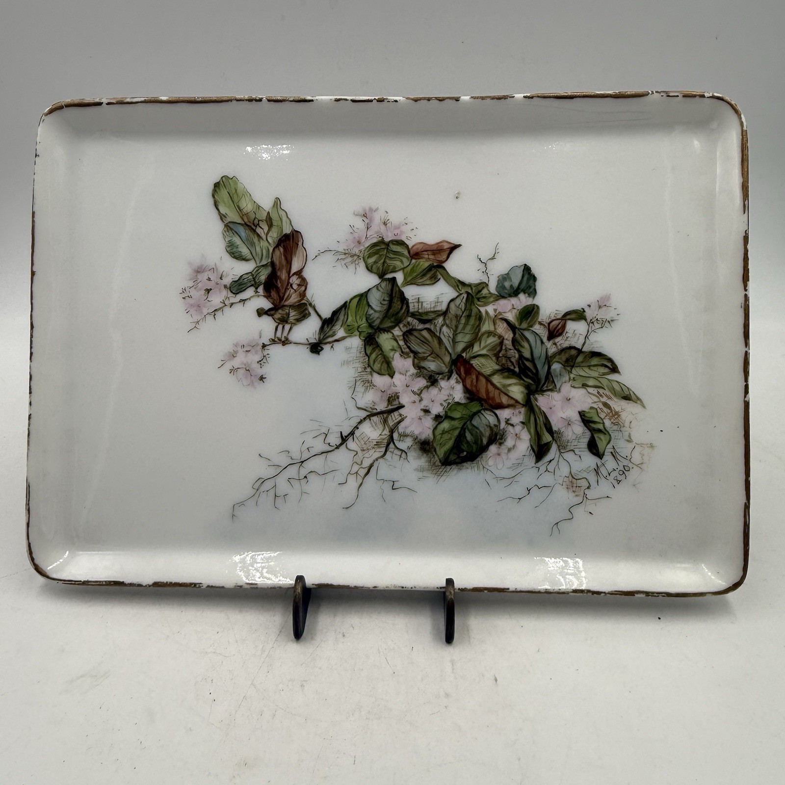 Handpainted Rectangular Ceramic Platter Tray 10.5” X 7” Floral Signed MLM 1890