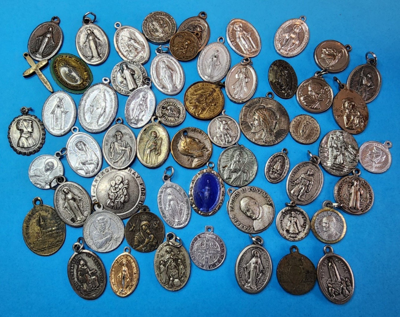 Lot of 55 Religious Pendants Medals - Catholic - Mostly Vintage
