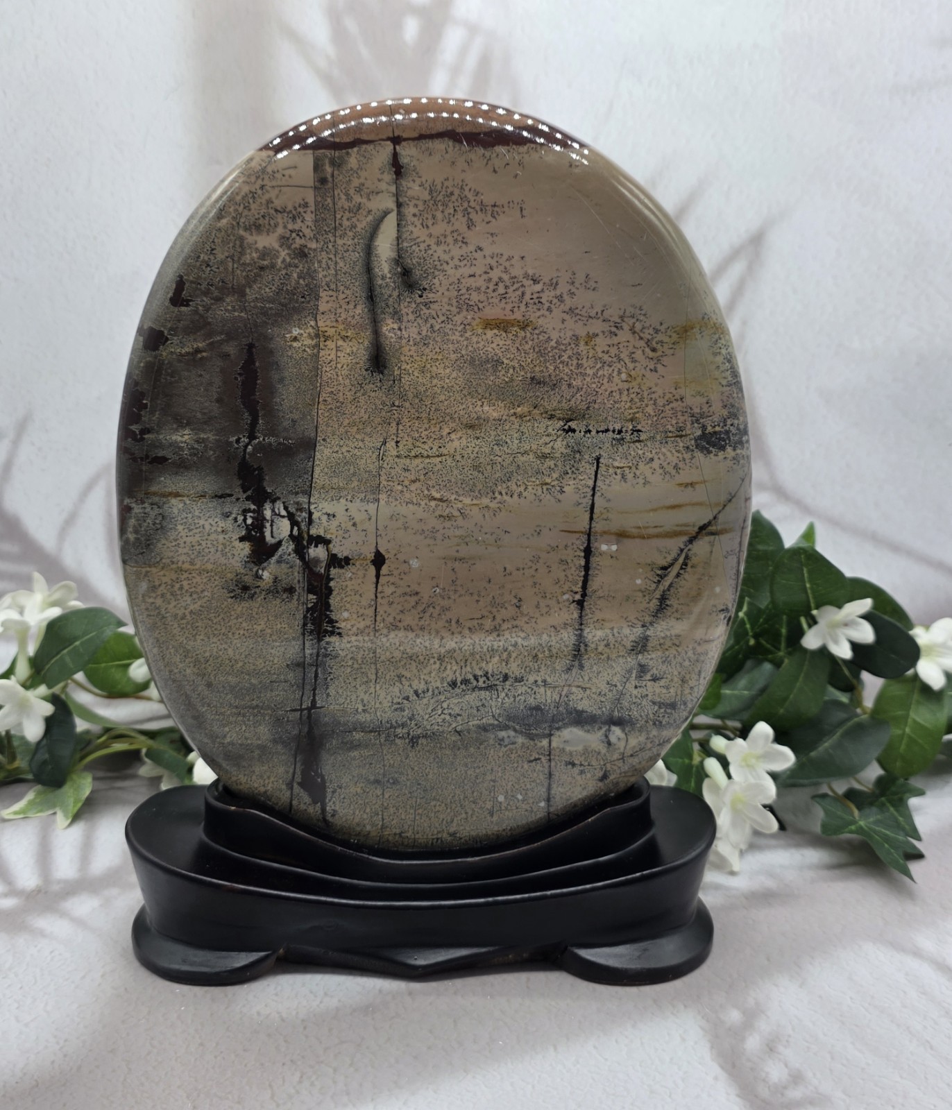 Large Picture Jasper Oval Plaque Scenic Stone Art Wood Stand 6 lb 14 oz