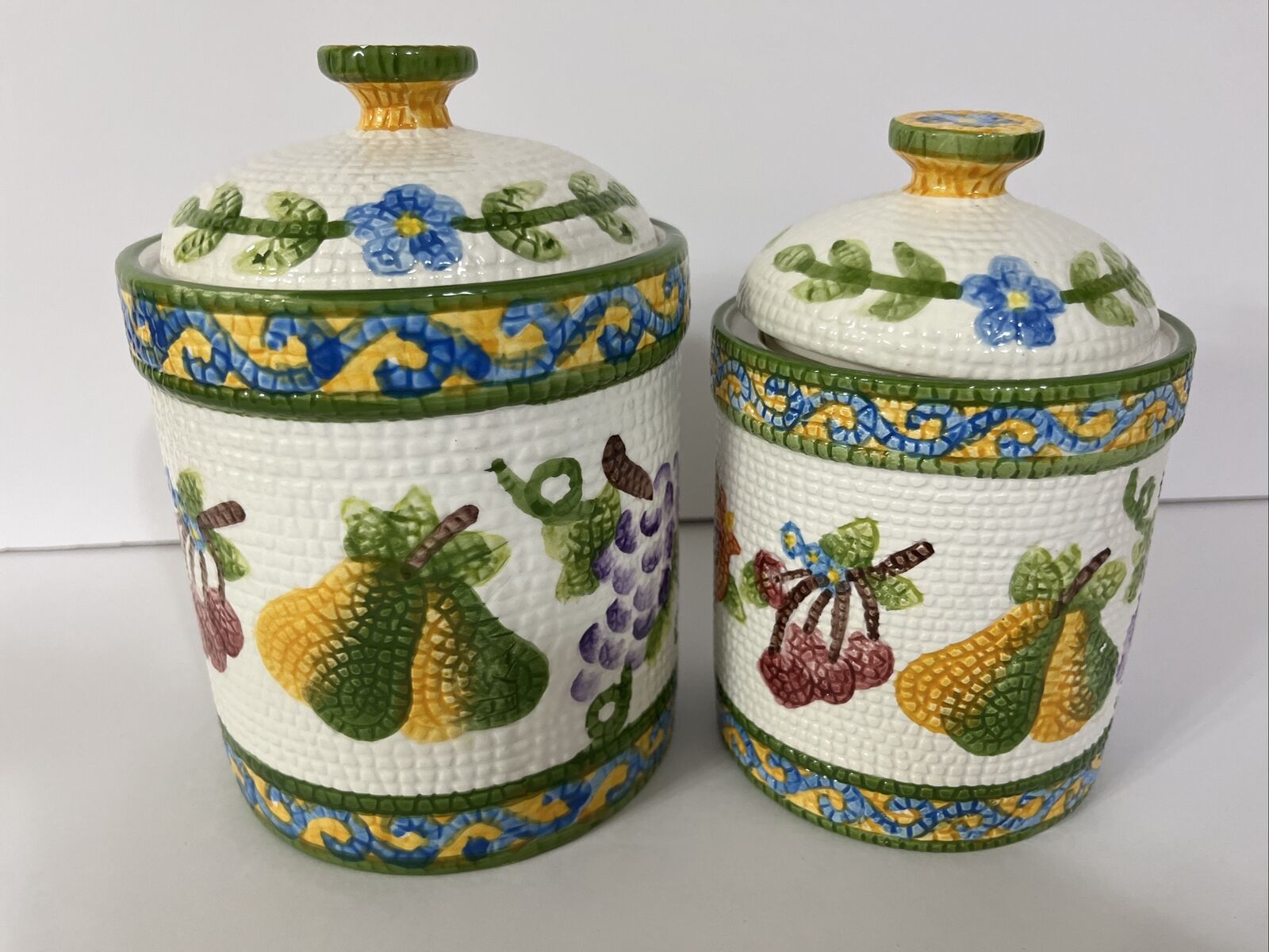 VTG 1997 Set Of 2 Canisters Jay Import Fruits Grapes Pears Apples  Mosaic Look