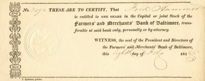 Farmers\' and Merchants\' Bank of Baltimore - Stock Certificate - Banking Stocks