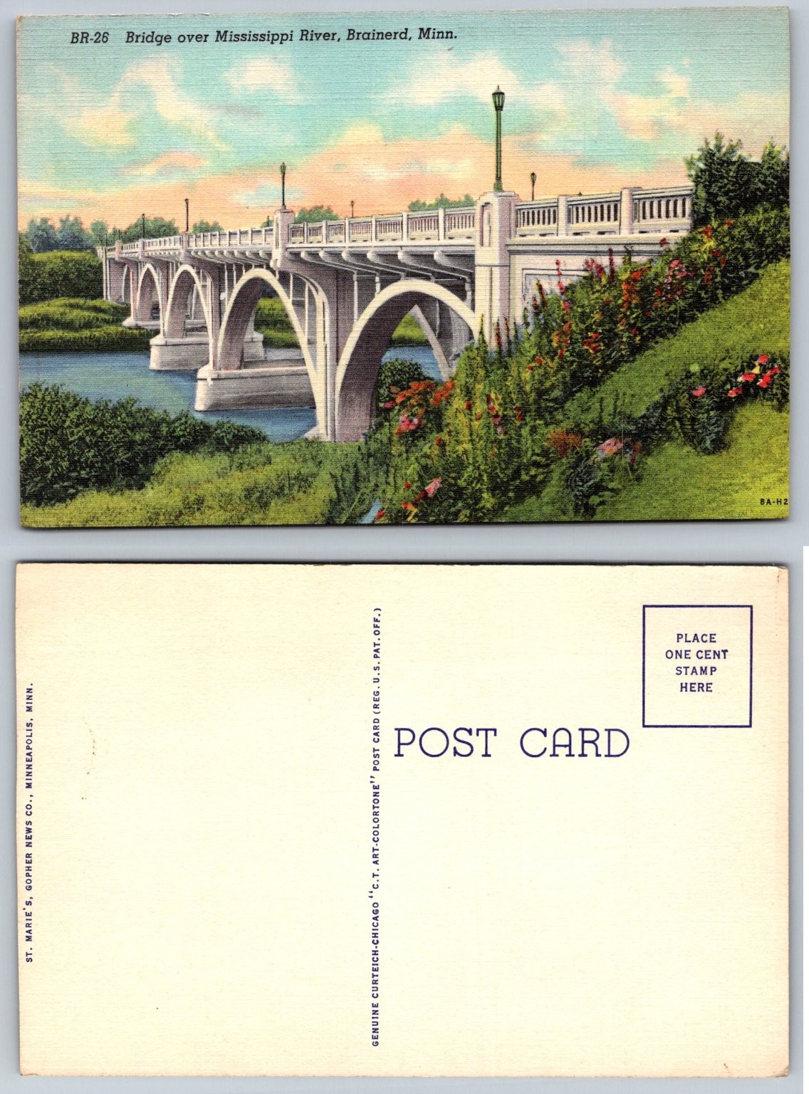 Brainerd, MN Mississippi River Bridge Vintage C.T. Art-Colortone Linen Postcard