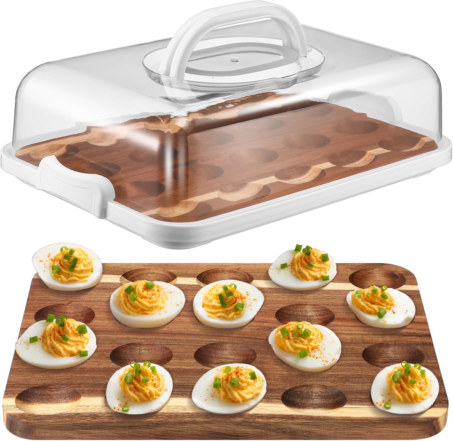 Acacia Wood Deviled Egg Platter with Lid Base 20 Holes 12 x 8.5 Inch Round