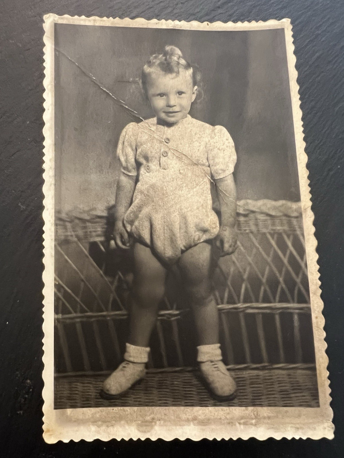 Vintage 1930s 1940s Toddler Romper Photo Deckle Edge Wicker Crease 