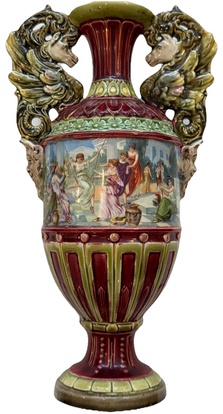 Antique 1920’s Grand Tour Italian Venice Majolica Vase 12” Sea Serpent Handles