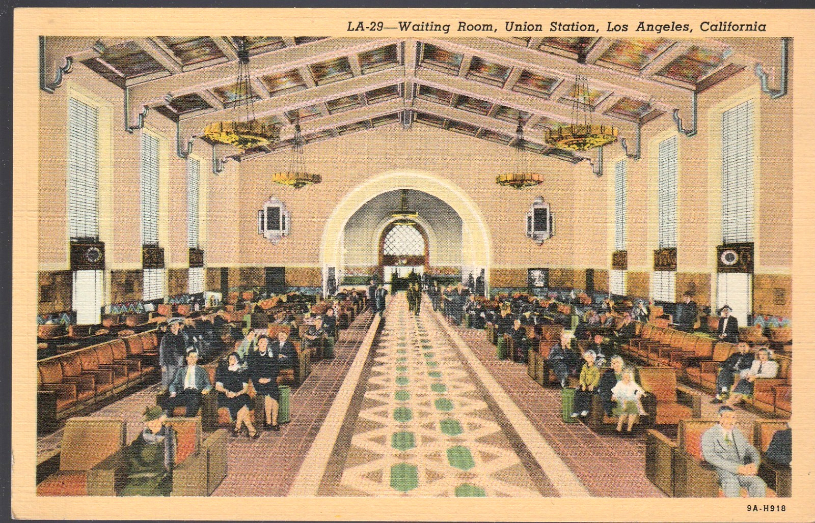 Los Angeles CA postcard - Union Railroad Station Waiting Room 1940s linen