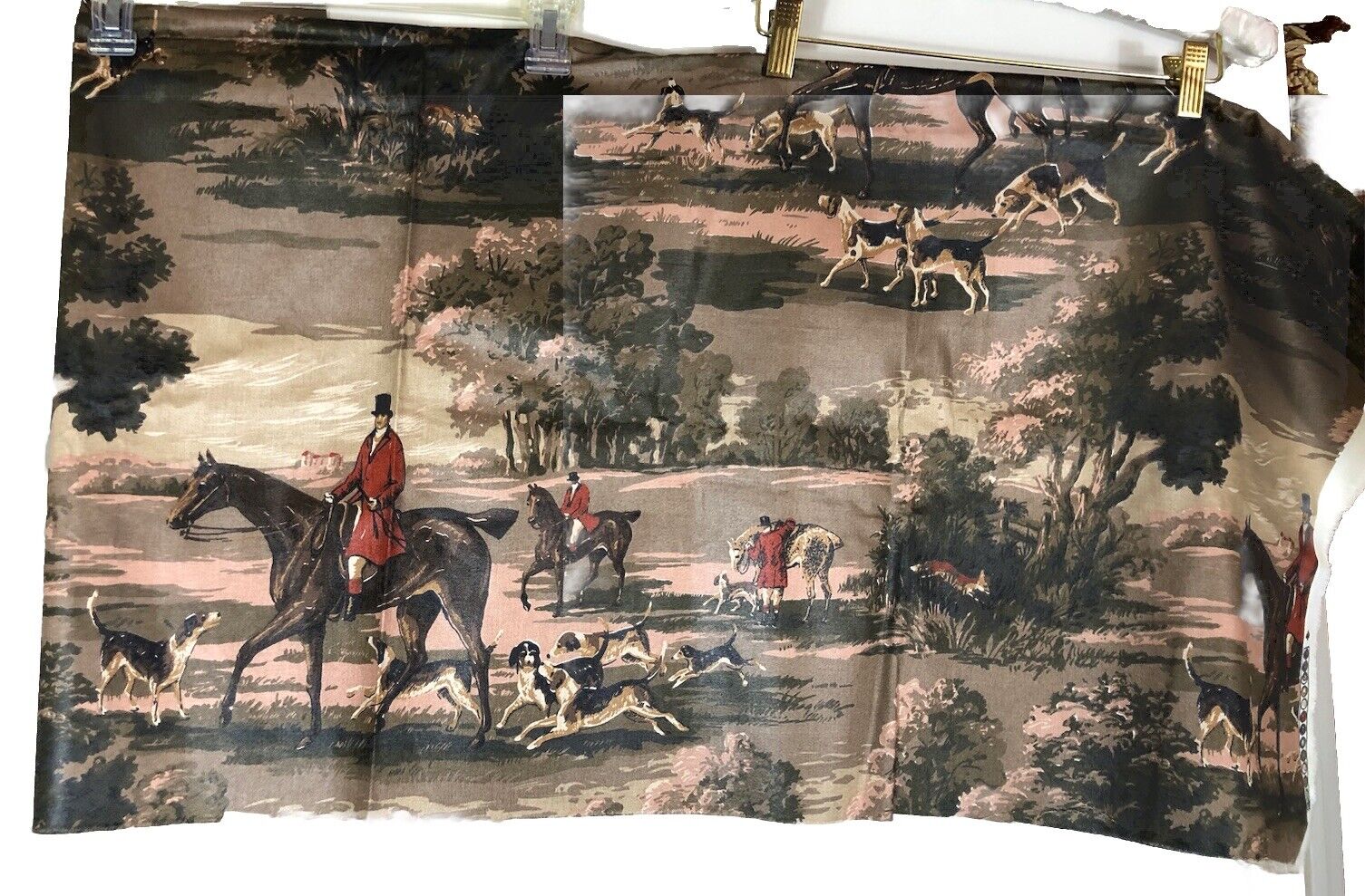Vtg Equestrian/Hunt Fabric. 54”x 37”.  Domaratius For 5th Ave. Cotton/Scotchguar