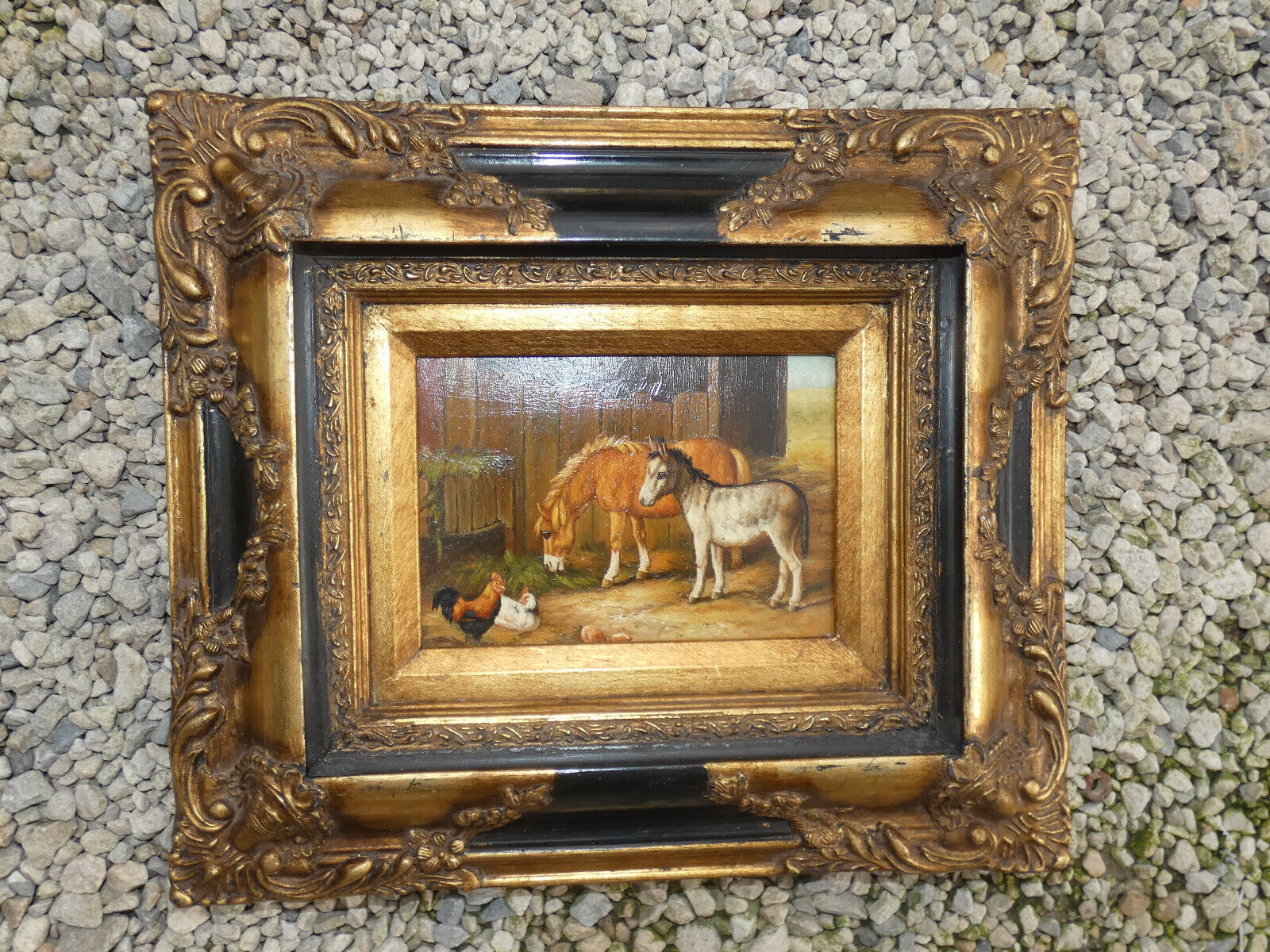 Vintage oil panel painting horse donkey chickens