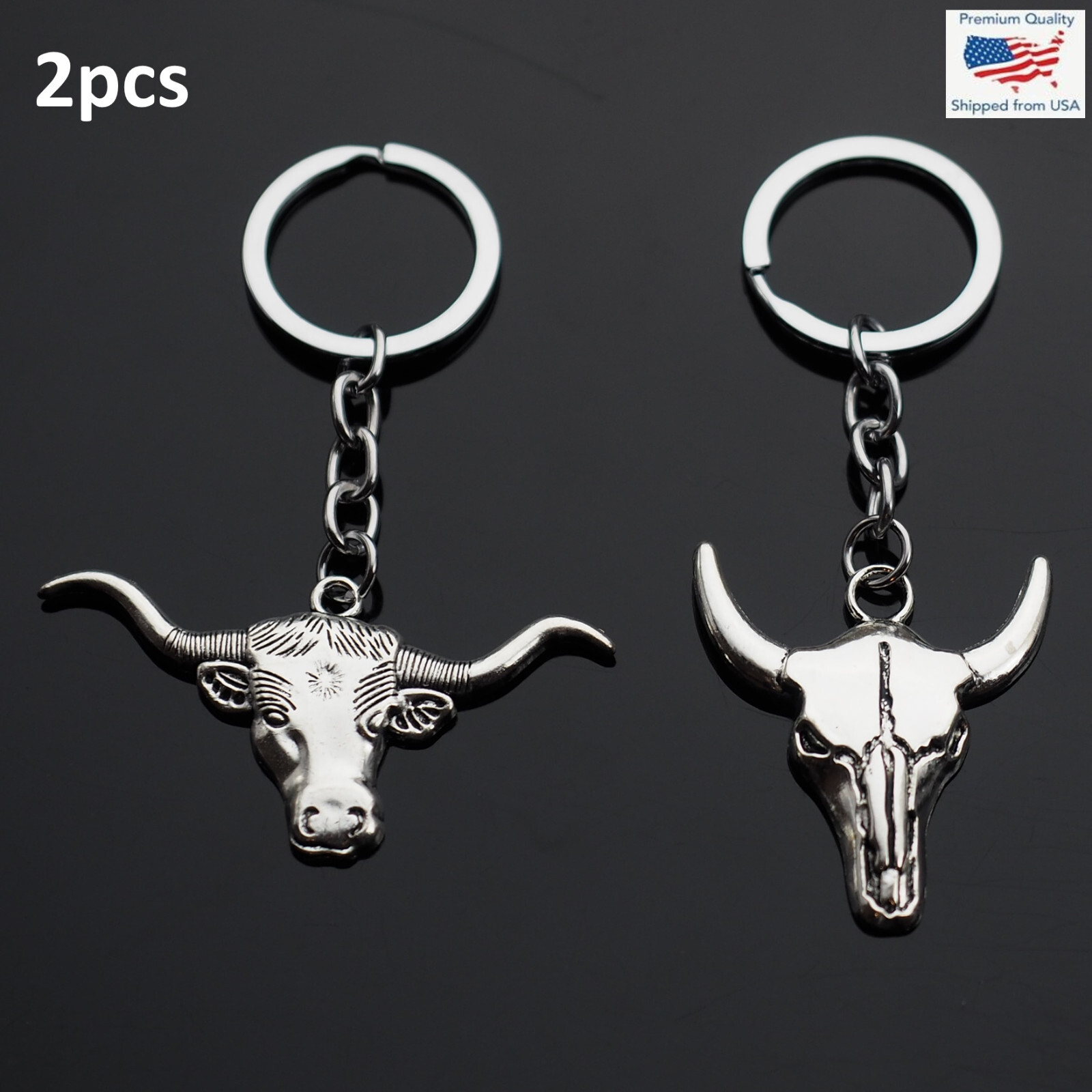 2x PCS Lot - Skull Bull OX Head Long Horns Charm Keychain Key Chain Cowboy Gift