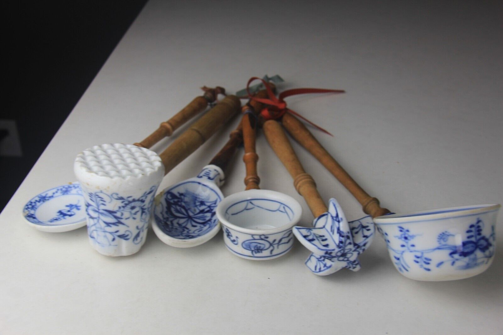 Set of Six Antique German Blue and White Porcelain Kitchen Utensils