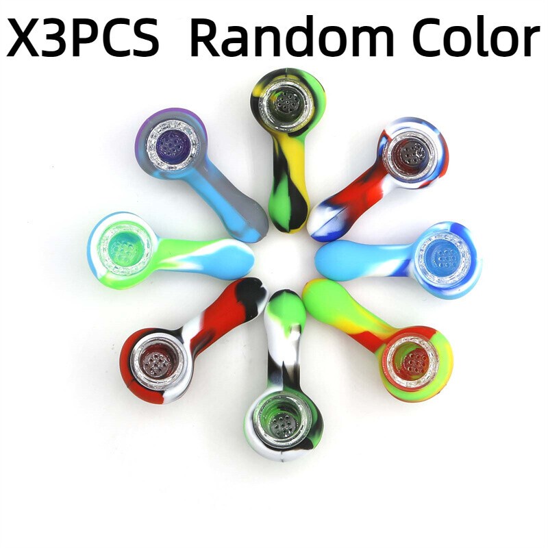 3PCS Random Color Silicone Pipe with Glass Bowl,Convenient Durable–Fast Shipping