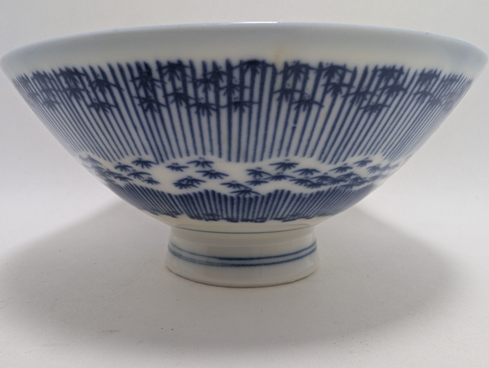 Vintage Japanese Blue White Porcelain Rice Bowl Bamboo Stripe Made in Japan