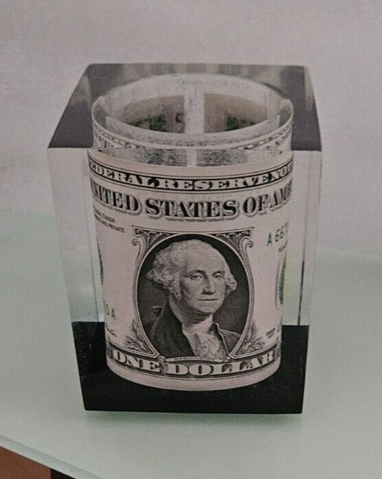 vintage b.c.h. plastics canada  1977 US DOLLAR BILL IN LUCITE PEN HOLDER pencil