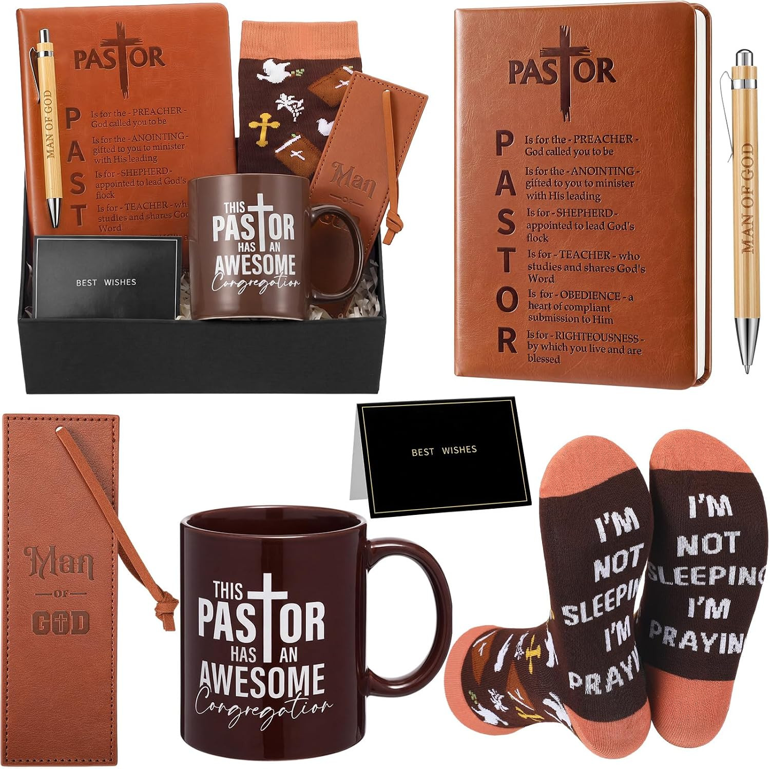 7 Pcs Pastor Appreciation Gifts for Men, Brown 7 Pcs Pastor Appreciation Gifts for Men, Brown
