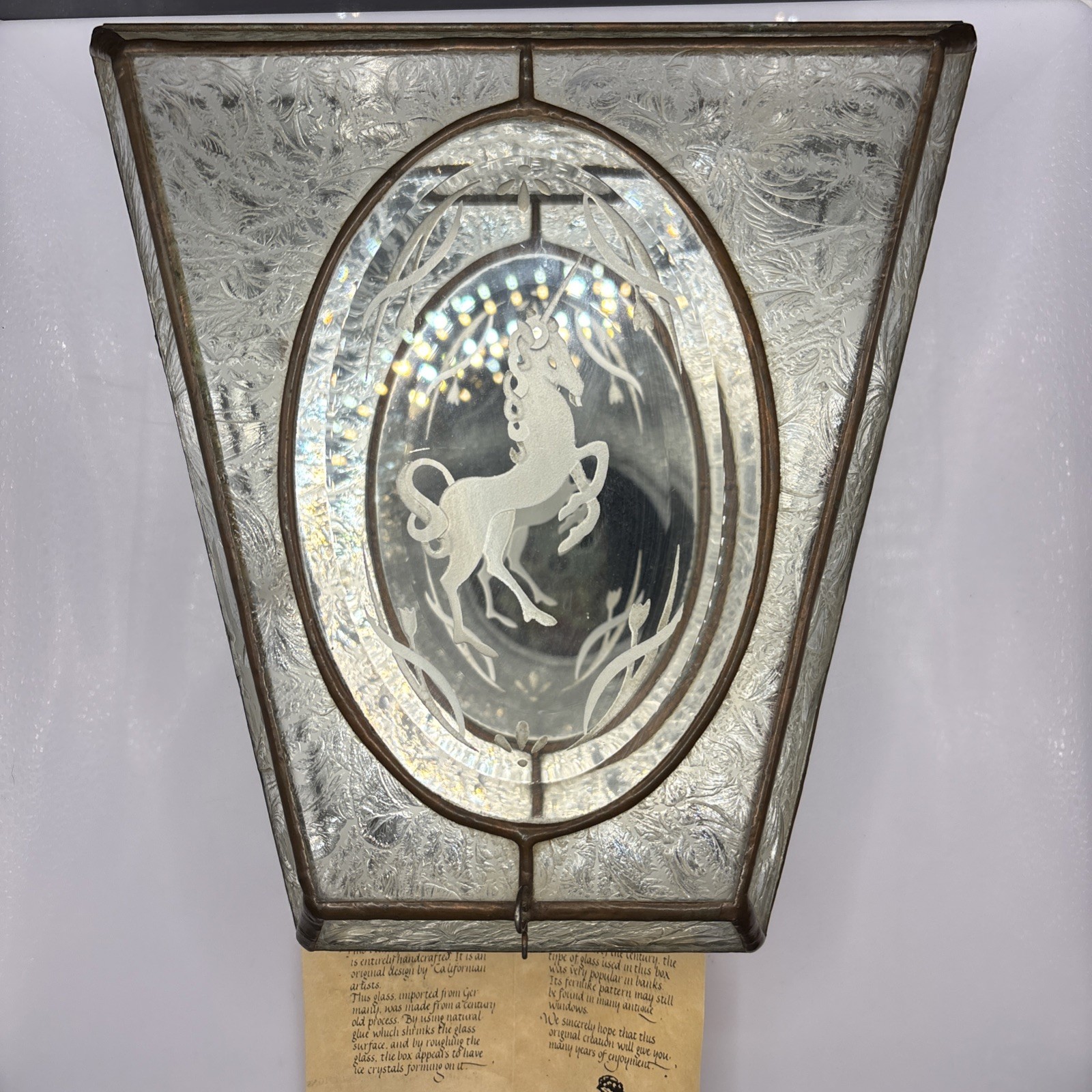 Vtg Mirror Unicorn Stained Glass(Germany) Metal Trinket~Jewelry Box. Made In CA.