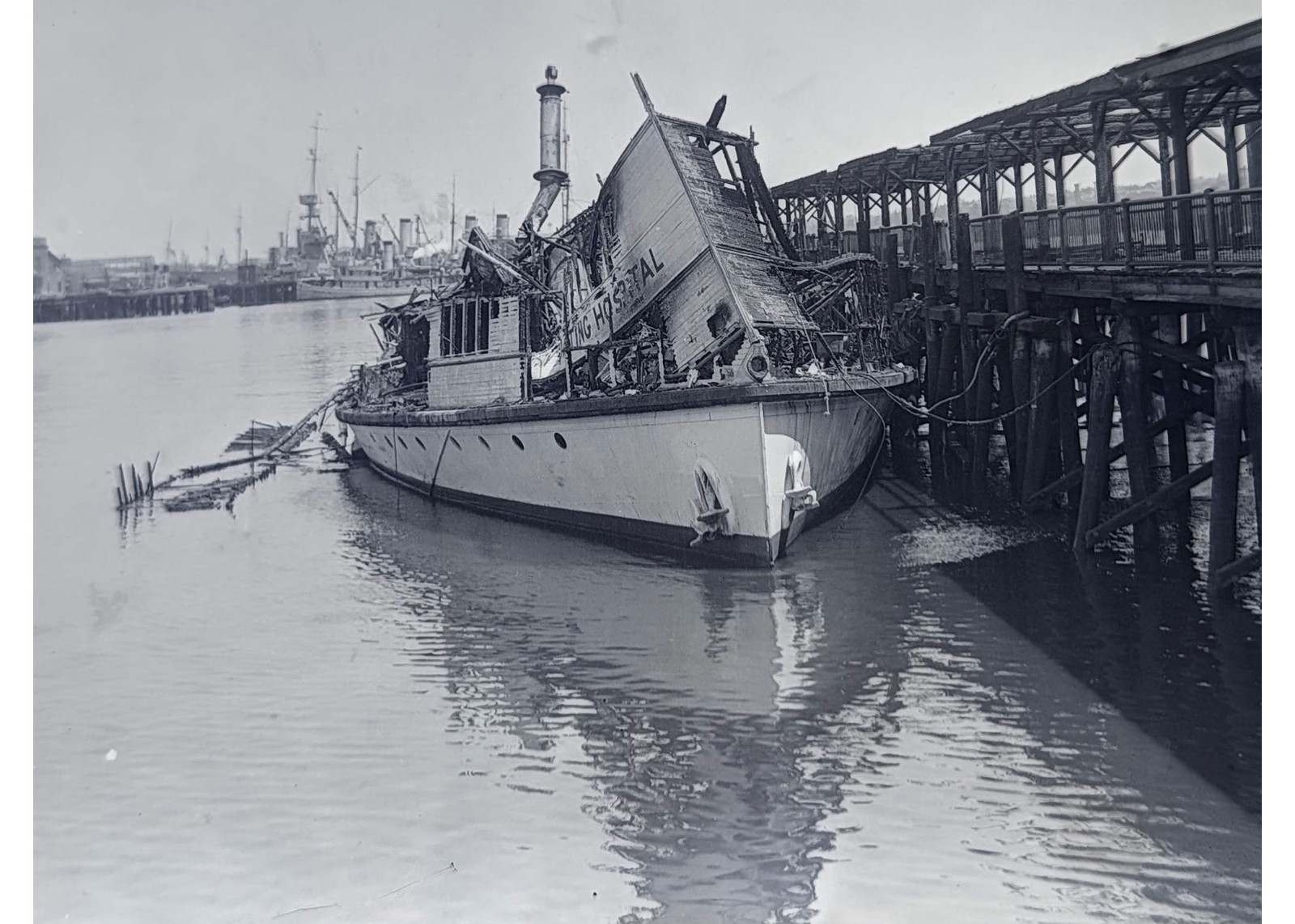1927 Boston Floating Hospital Ship Fire Ruins North End Pier Glass Negative OOAK