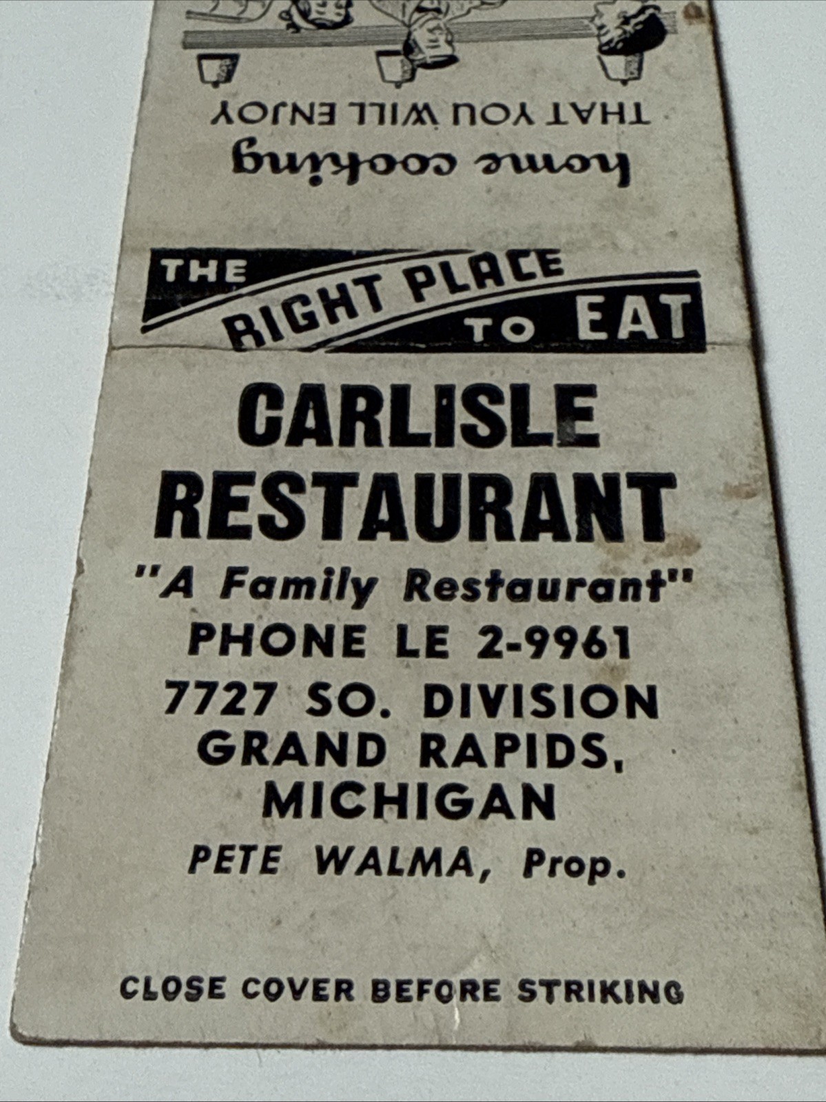 Grand Rapids Michigan 1940s Carlisle Restaurant Cafe Vtg Matchbook Cover
