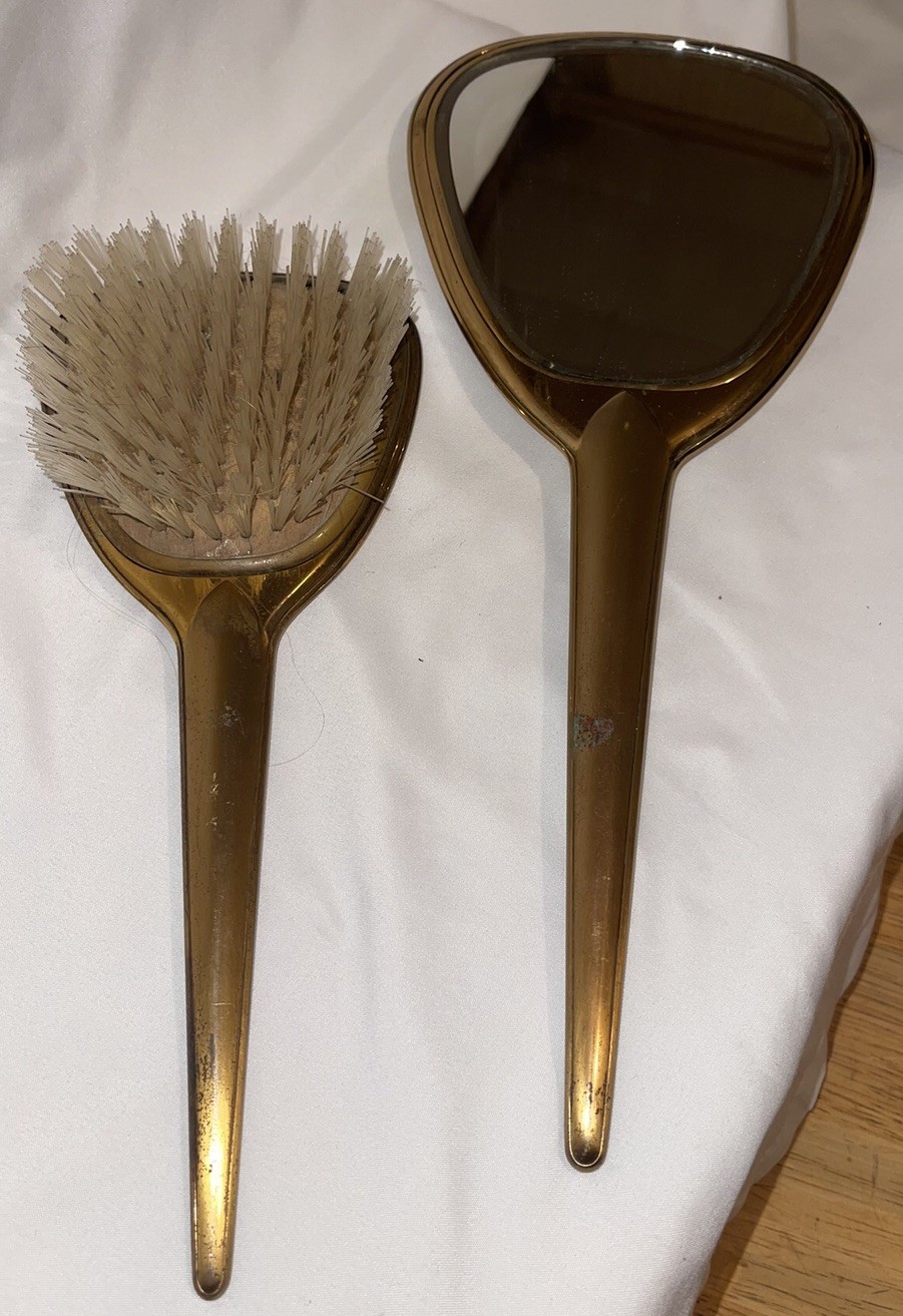 Vtg 2pc Set Brass ELGIN American Brush Mirror  Set USA Grooming Vanity fun