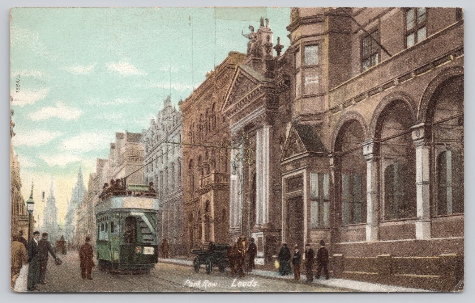 Vintage Park Row Leeds Tram & Horse Carriage Postcard Printed in Saxony
