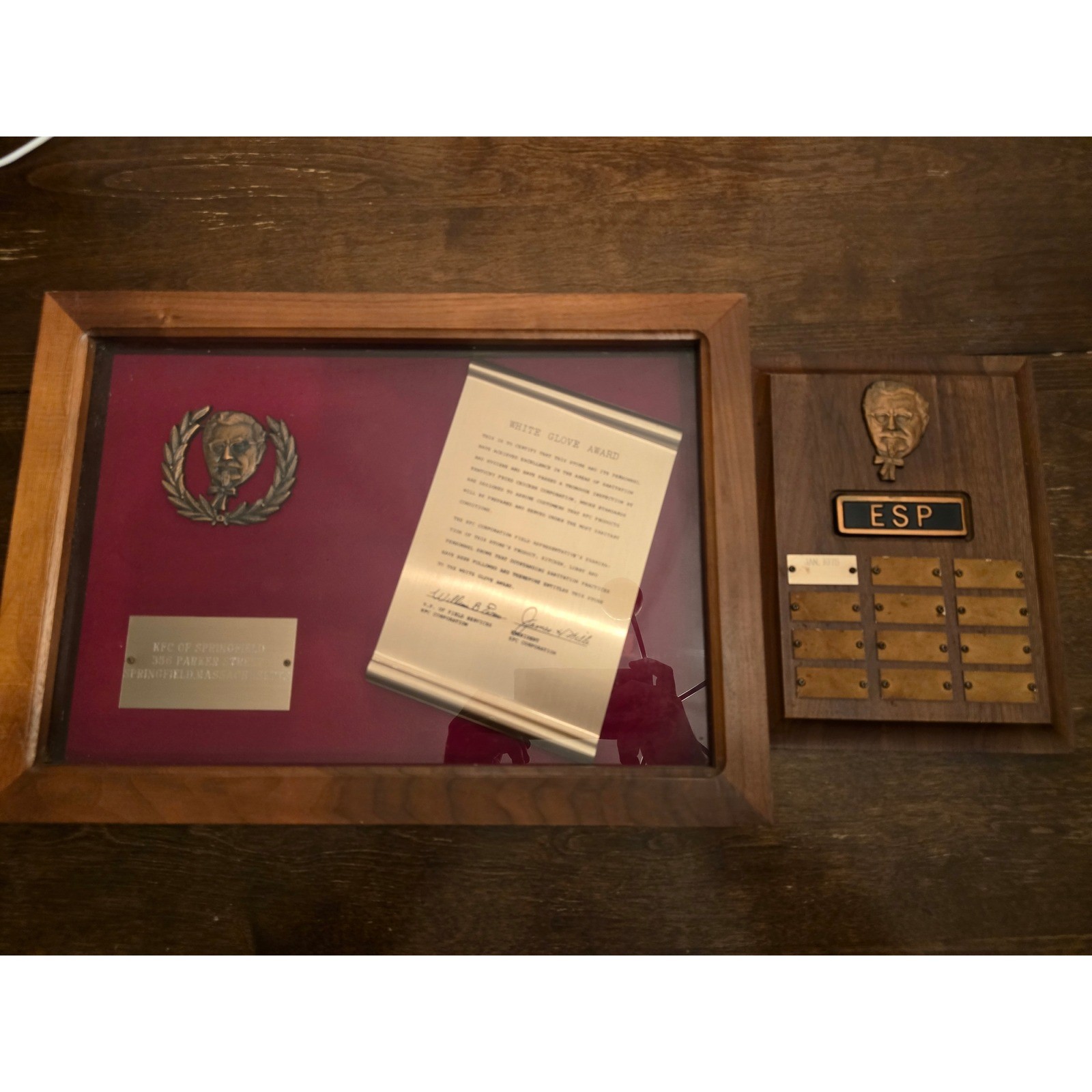 Vintage KFC (Kentucky Fried Chicken) White Glove Award Shadow Box & Plaque
