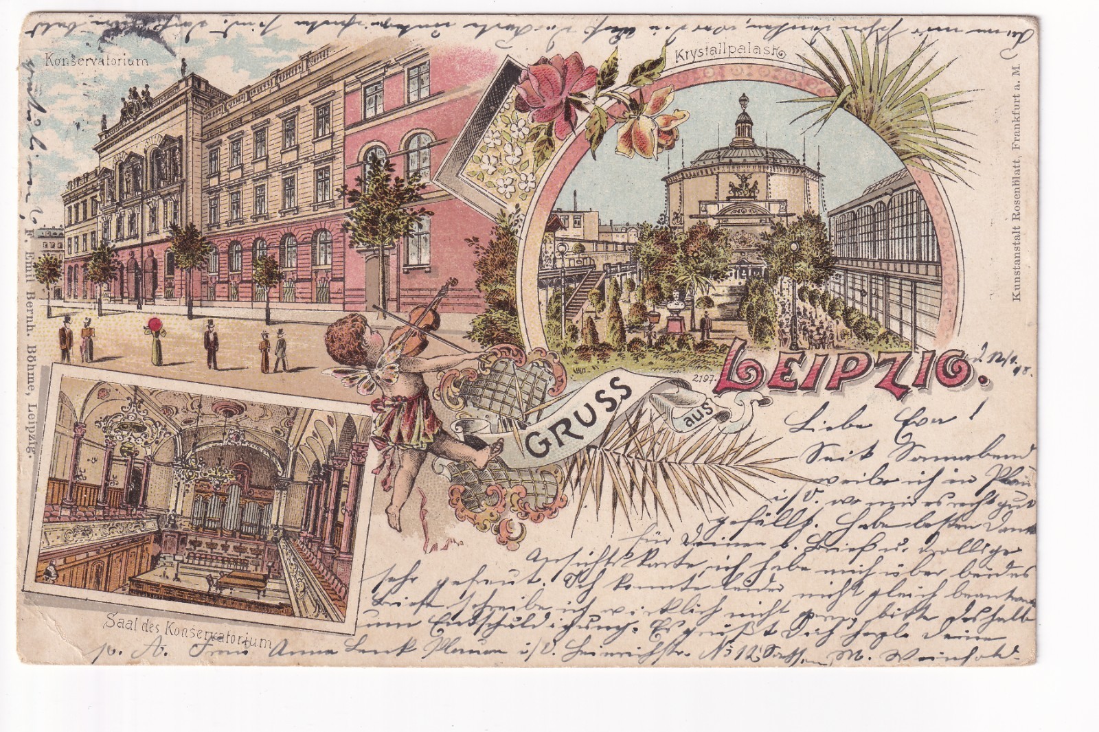Postcard greeting from Leipzig litho conservatory crystal palace putto 1898 Bavaria 5 Pf