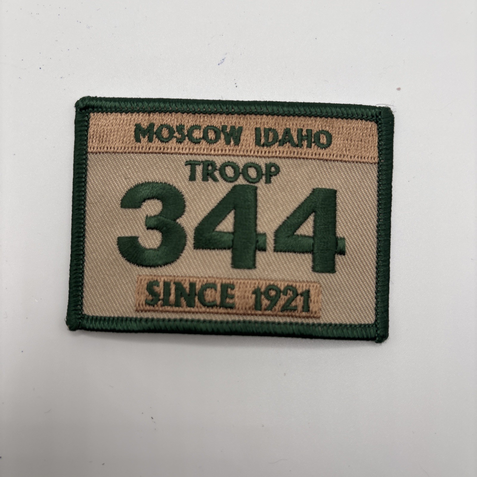 BSA boy scouts of America Troop pack Number 344 Moscow Idaho Green & Tan patch