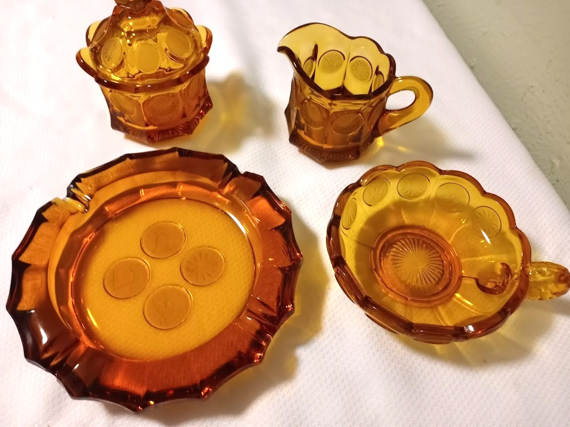 FOUR  Vtg Fostoria Amber Coin Glass Ashtray, Sugar w/ Lid, Creamer & Nappy (65A)