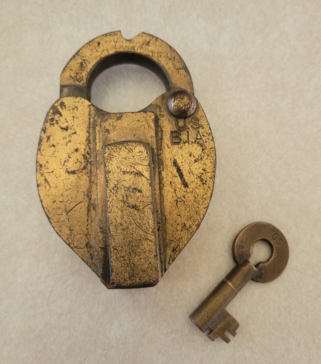 Antique Slaymaker U.S. B.I.A. Government Brass Paper Seal Padlock w/ Key
