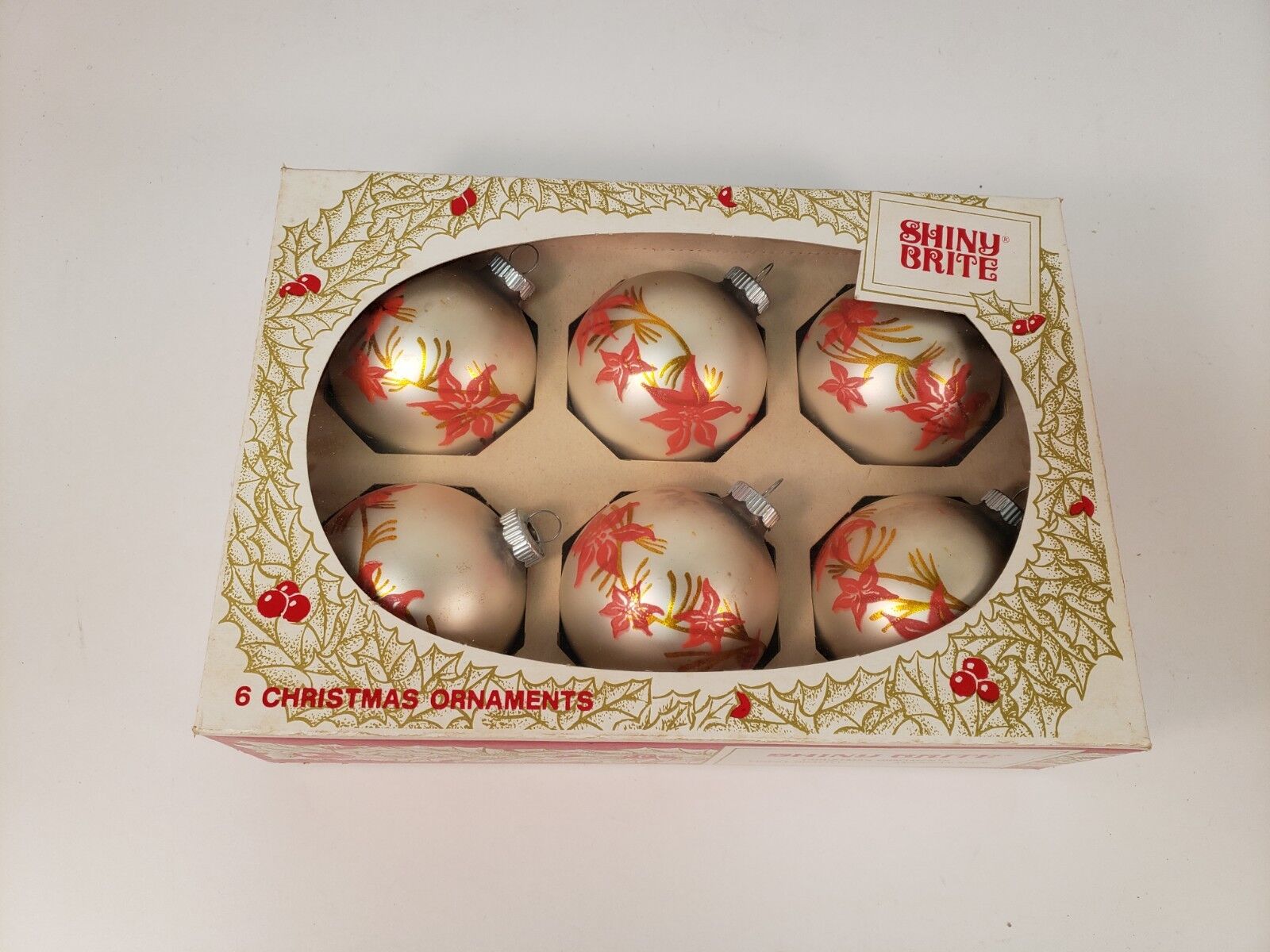 Vintage Shiny Brite Ornaments Christmas Gold Red Poinsettia Balls Poloron Rare