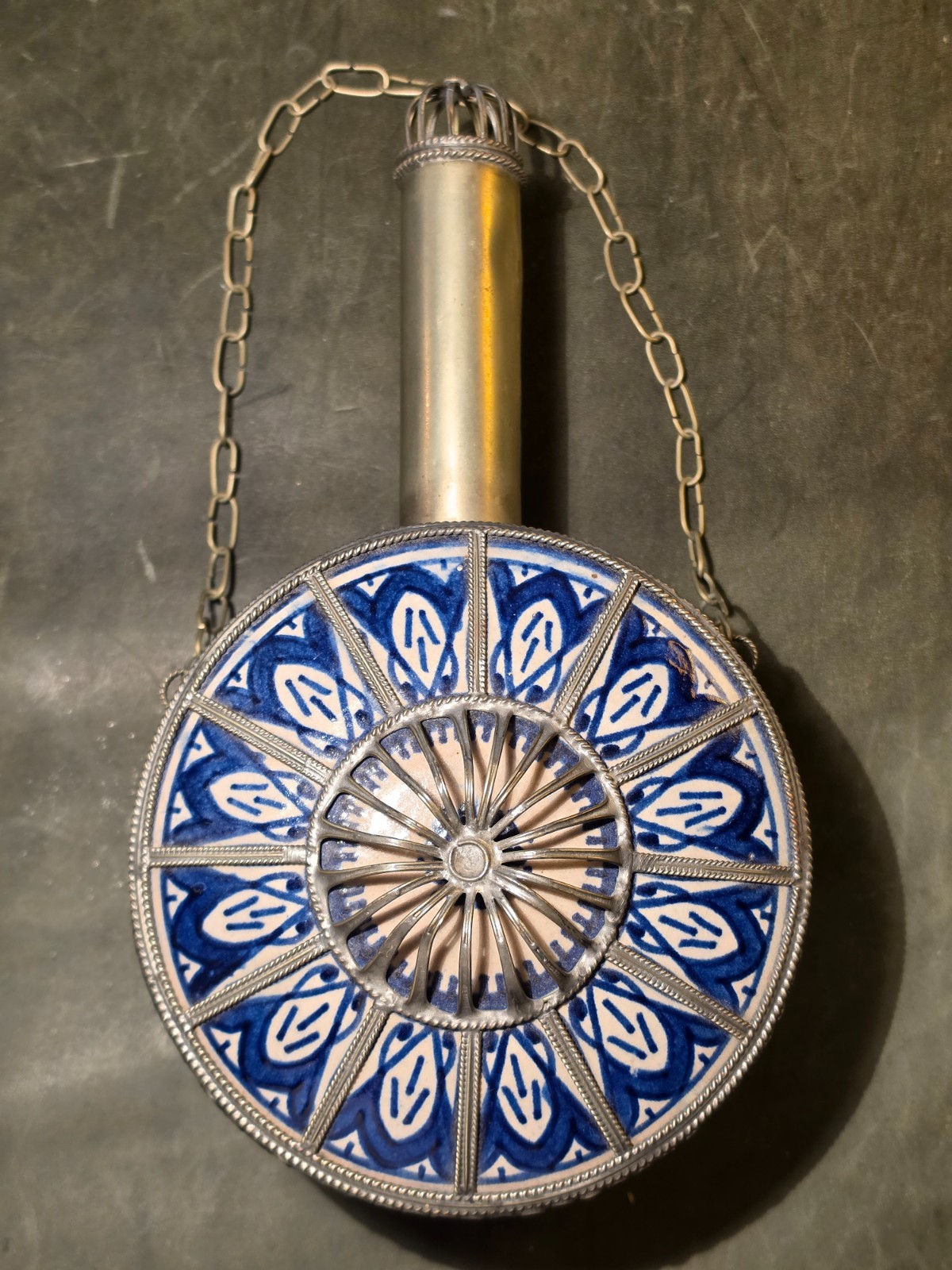Vintage Moroccan Blue White Ceramic Powder Flask Silver Tone Filigree Chain