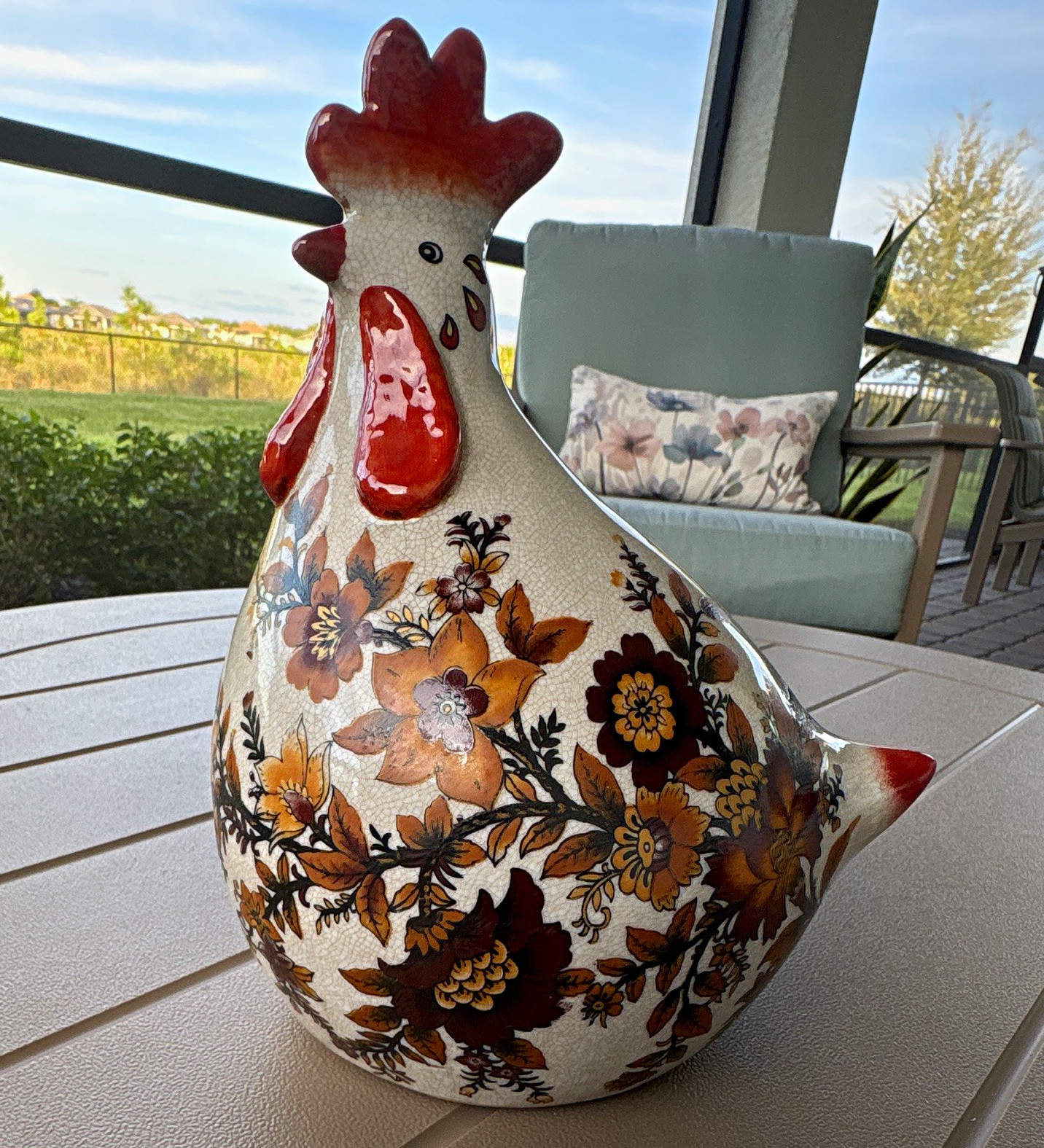 Floral Design Ceramic Rooster Figurine 9” Tall Crackle Glaze  Farmhouse Decor