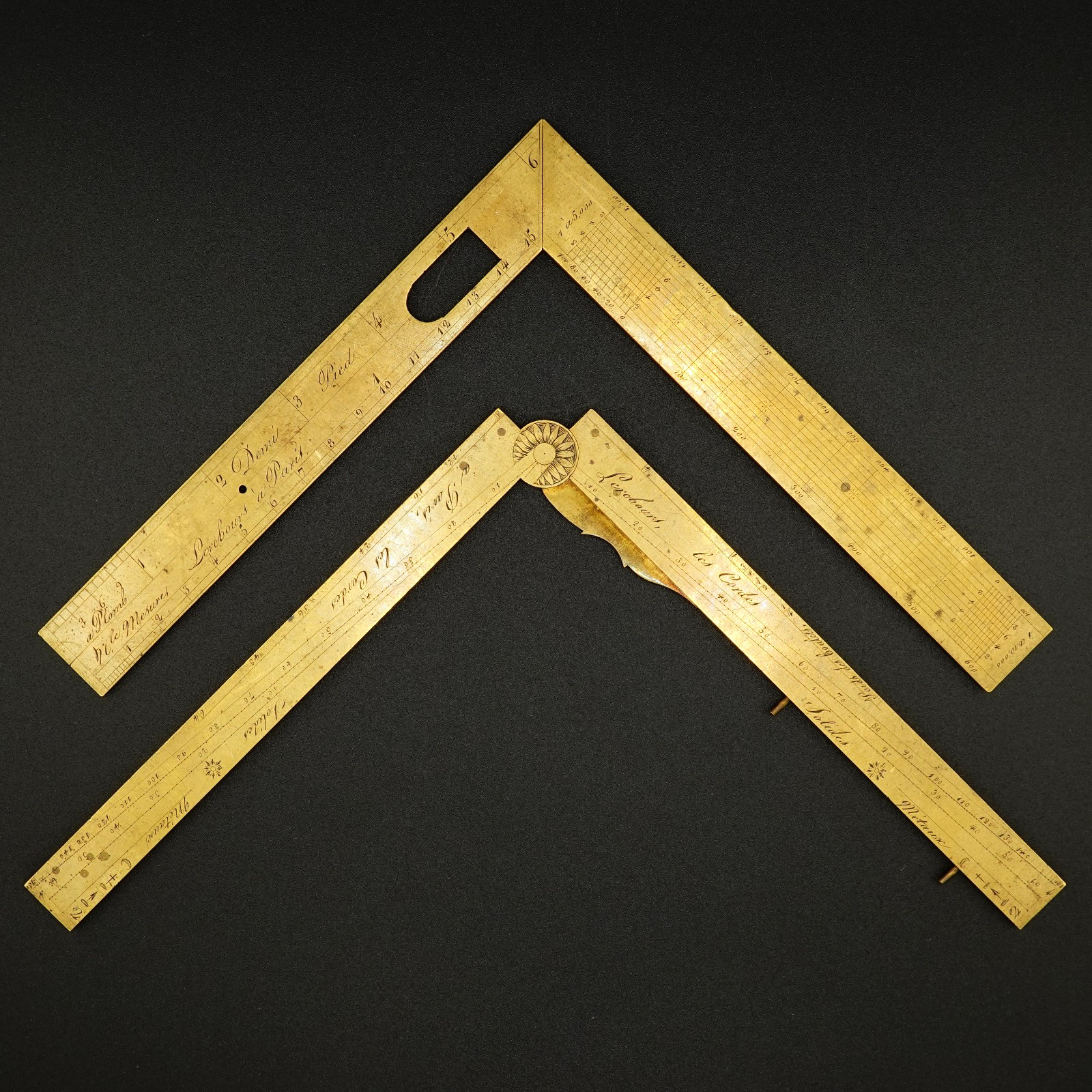 c1800, ANTIQUE FRENCH BRASS GUNNERS SECTOR RULE AND SQUARE SET, LEREBOURS PARIS