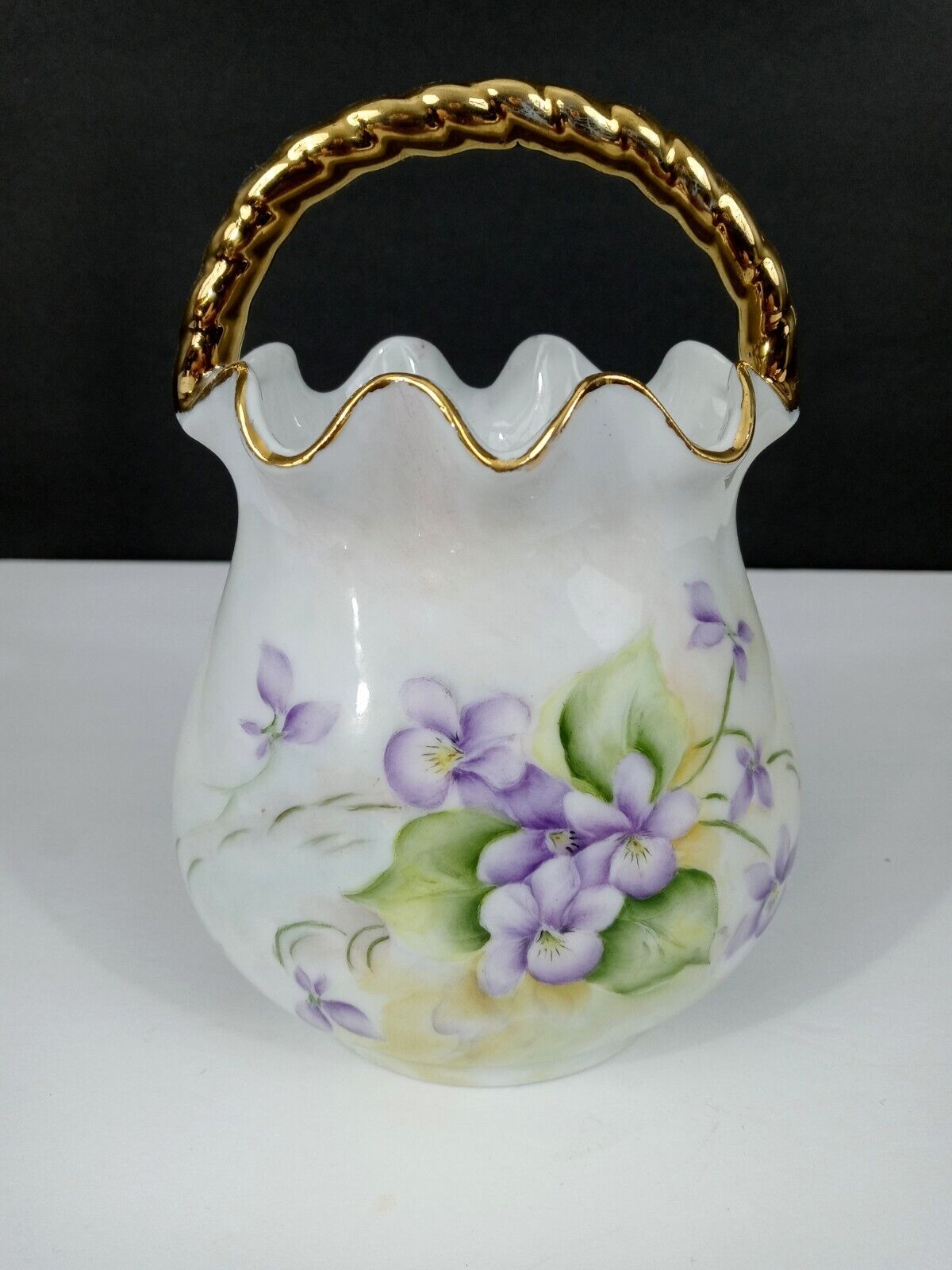 Pillow Vase Hand Painted Ceramic Violets Flowers Artist Signed 1961