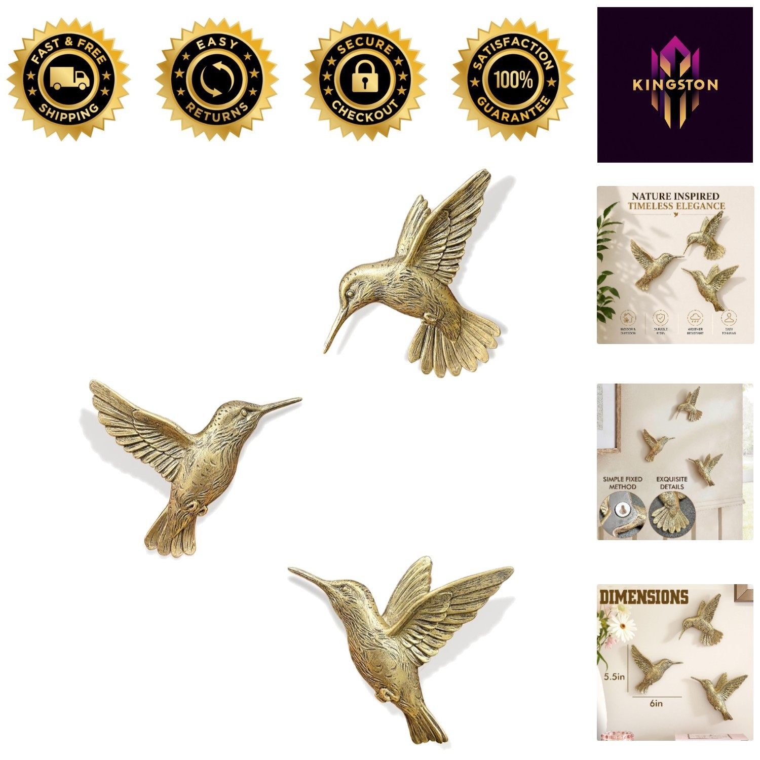 Set of 3 Vintage Gold Hummingbird Wall Art - Elegant Indoor & Outdoor Decor