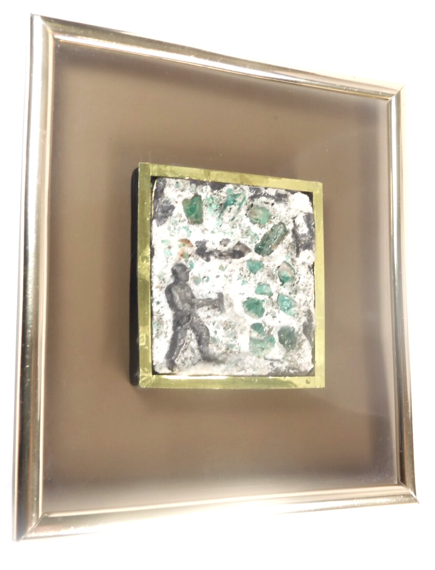 Colombian Emerald Picture with Natural Crystals and Carved Miner Handmade Muzo