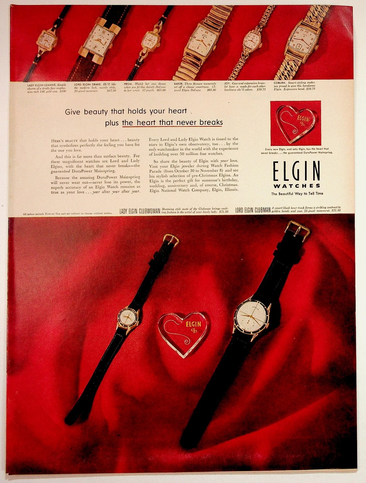 Vintage 1950s Elgin Watches Ad Magazine Print Ephemera Lord Lady Clubman Drake