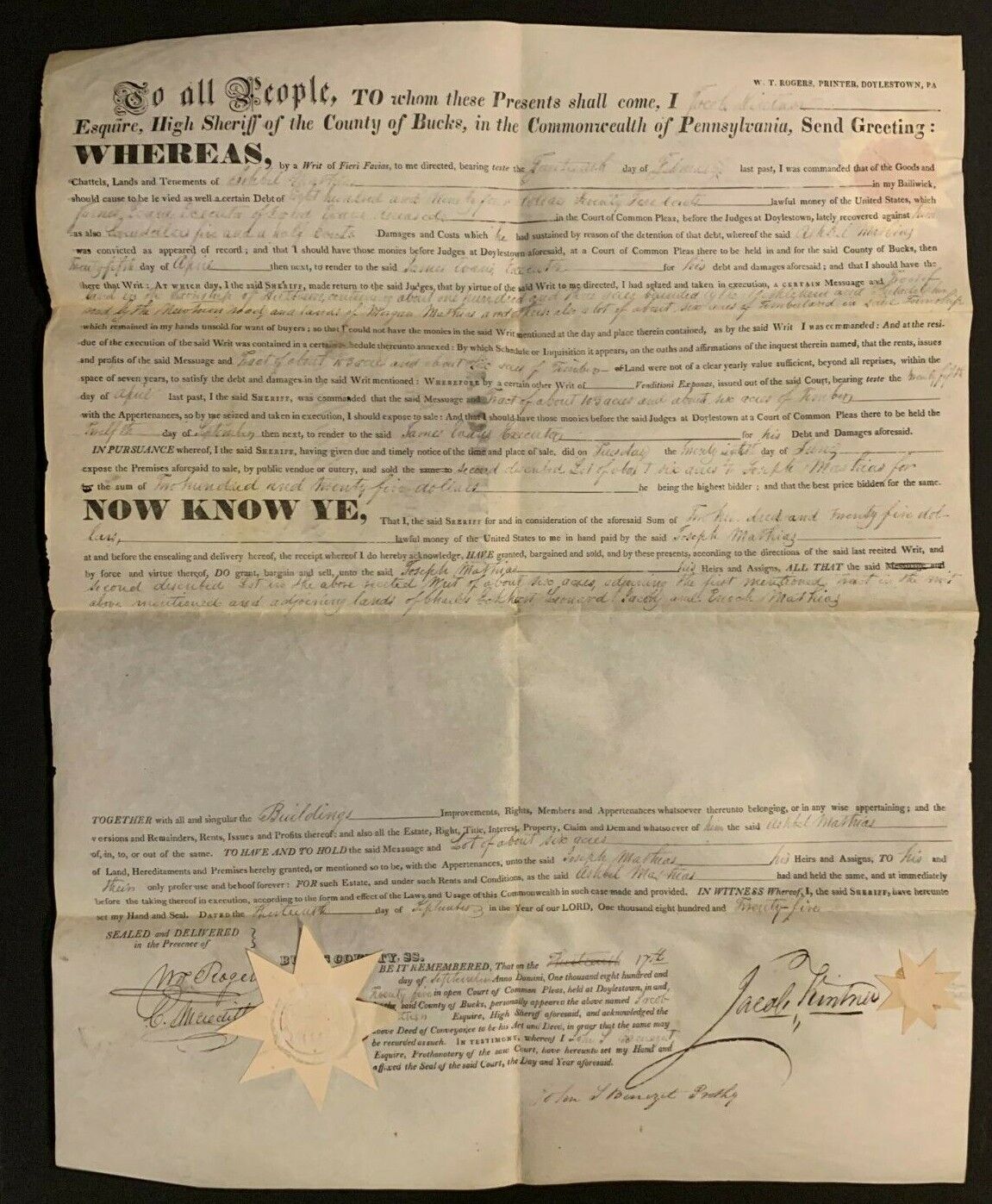 1825 SHERIFF KINTNER HILLTOWN PA LAND DEED BUCKS COUNTY PA MANUSCRIPT AMERICANA