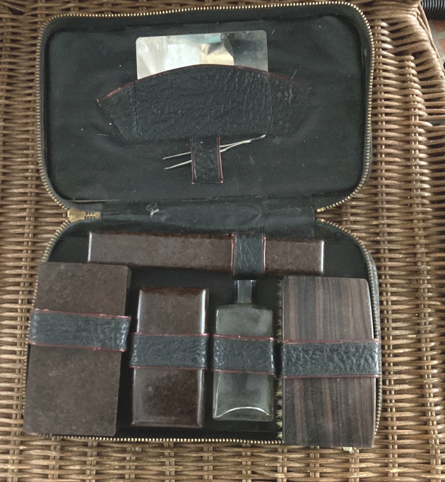 Vintage Men’s Travel Grooming Kit, Black Leather Case, Mid-Century or Earlier
