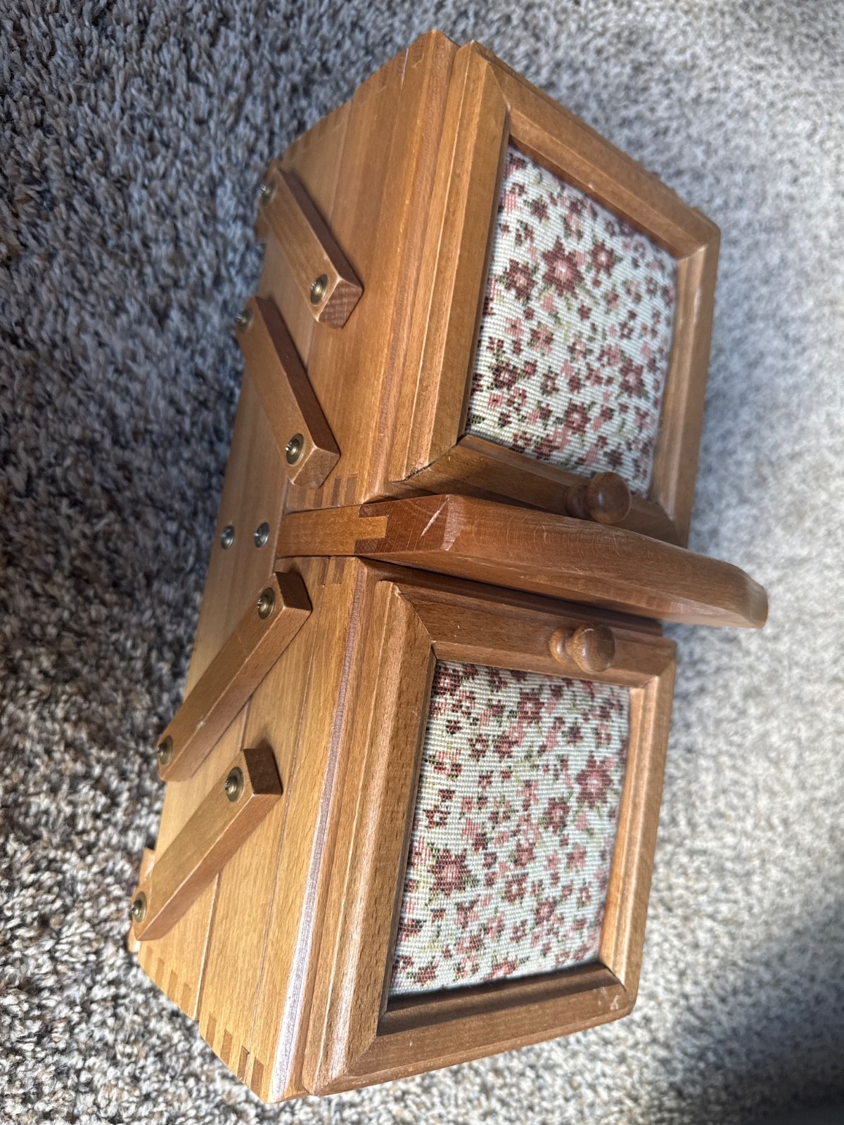 Vintage Wood Tapestry Accordian Style Sewing Box , READ DESCRIPTION 