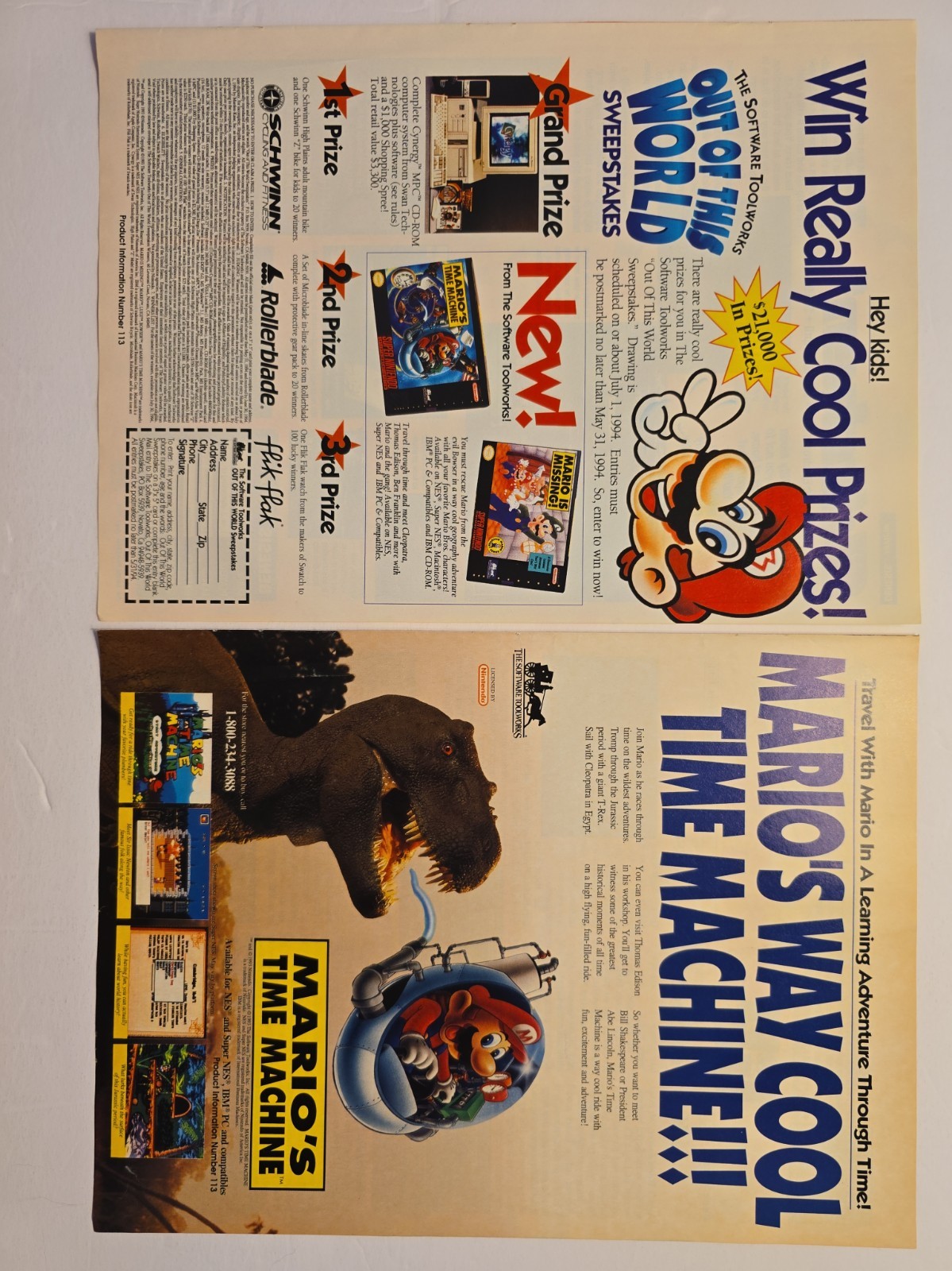 Vintage 1993-1994 Mario's Time Machine Print Ad Lot with Unclipped Entry Coupon