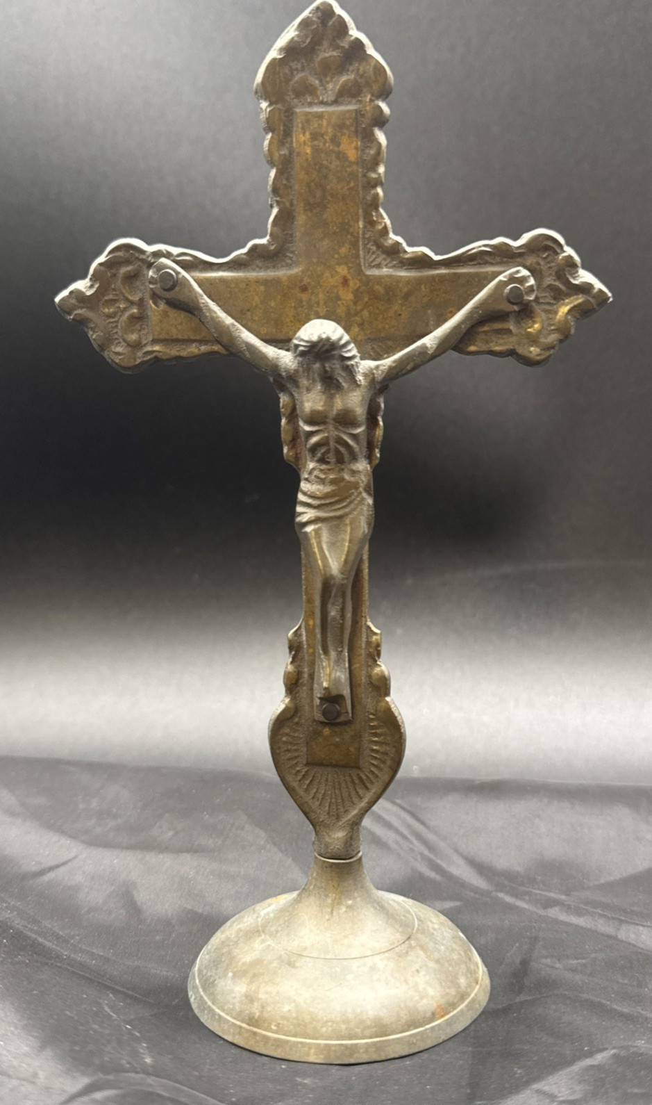 VINTAGE Bedside Crucifix Brass Bronze Wash Gothic Revival Early 1900\'s  European