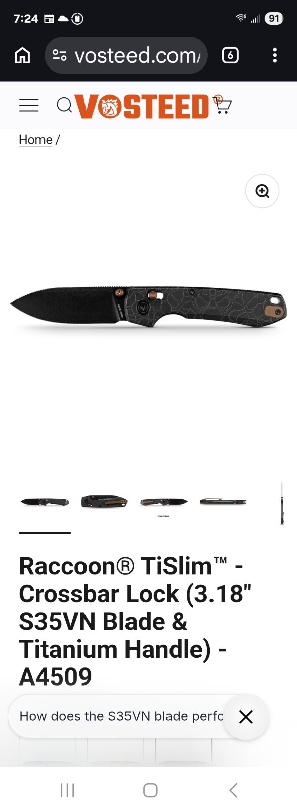 Vosteed Raccoon TiSlim Crossbar Lock S35VN Ti Handle Drop Point Black