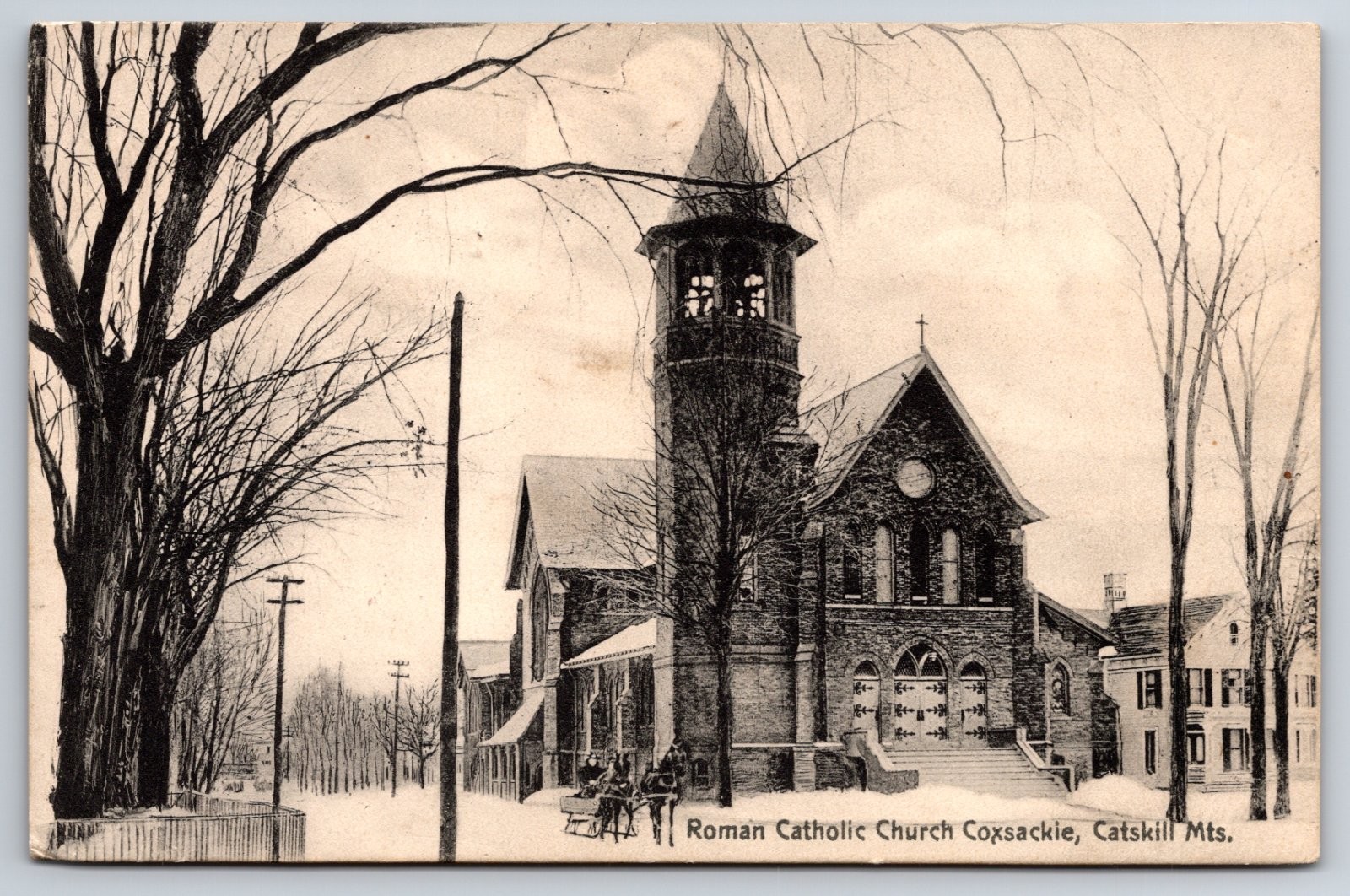 Roman Catholic Church Coxsackie New York Catskill Mountains Winter Snow Postcard