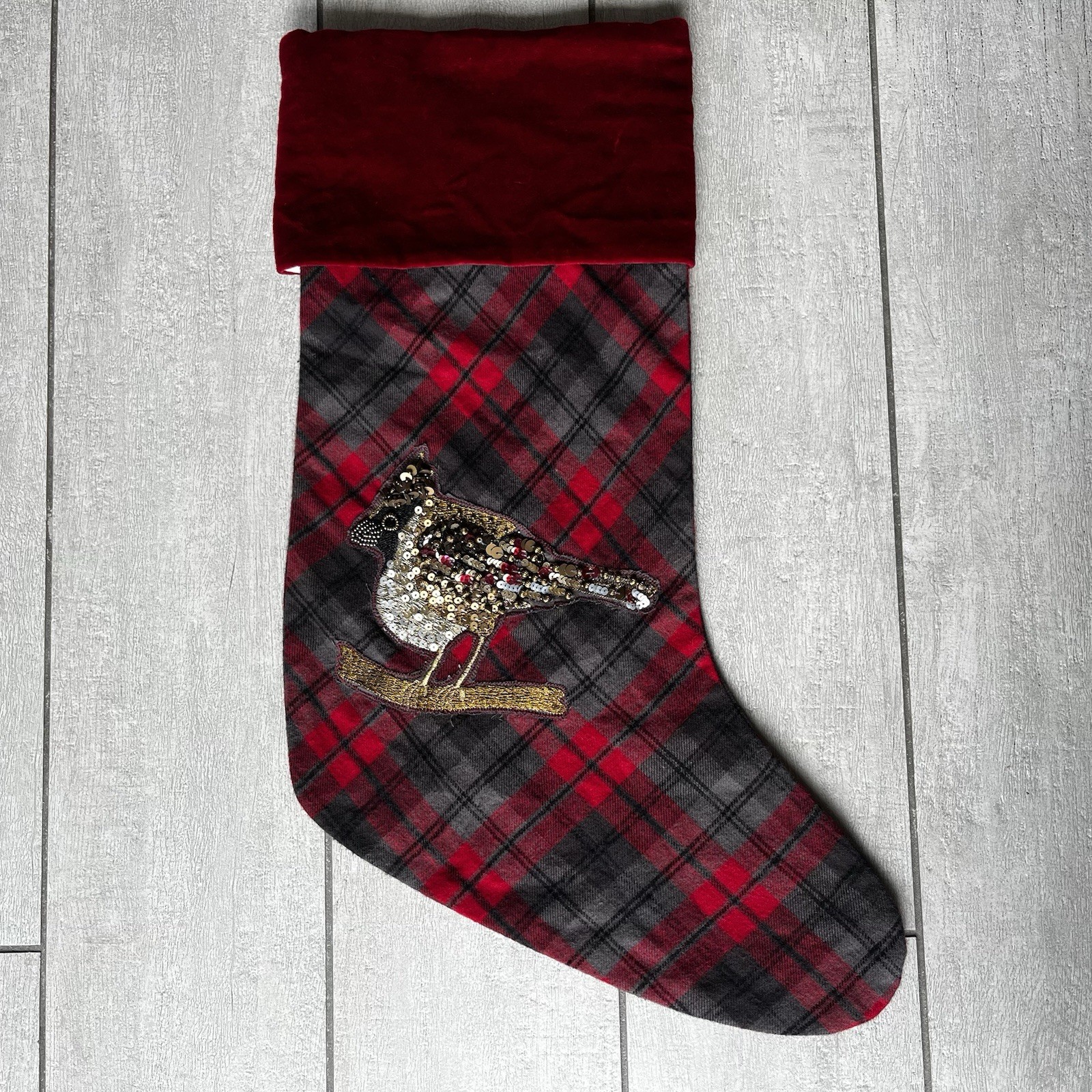 Pottery Barn Embellished Jeweled Bird Plaid Christmas Stocking Holiday Decor