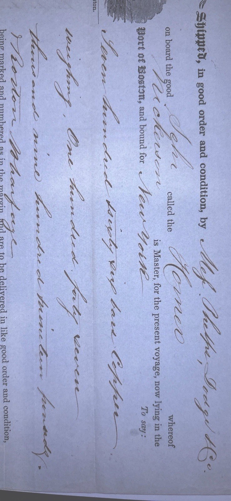 Antique 1849 Bill of Lading Schooner Homer Boston NY Copper Cargo