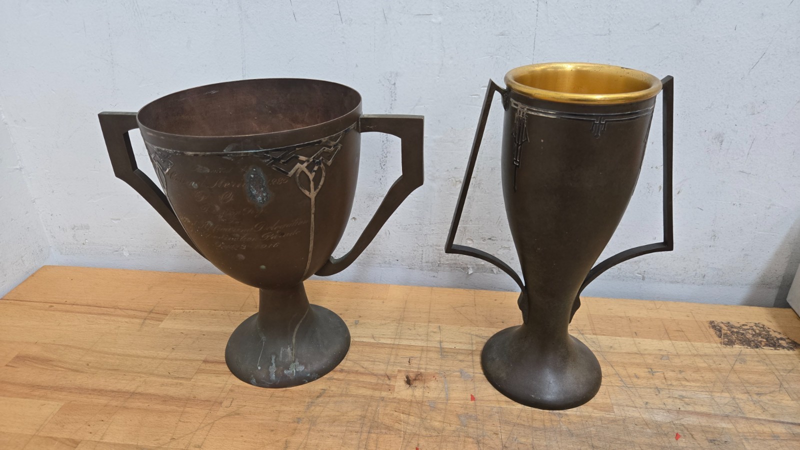 Heintz Art Sterling on Bronze Trophy 72oz, 1916, Silver Crest Vase 60oz Sterling