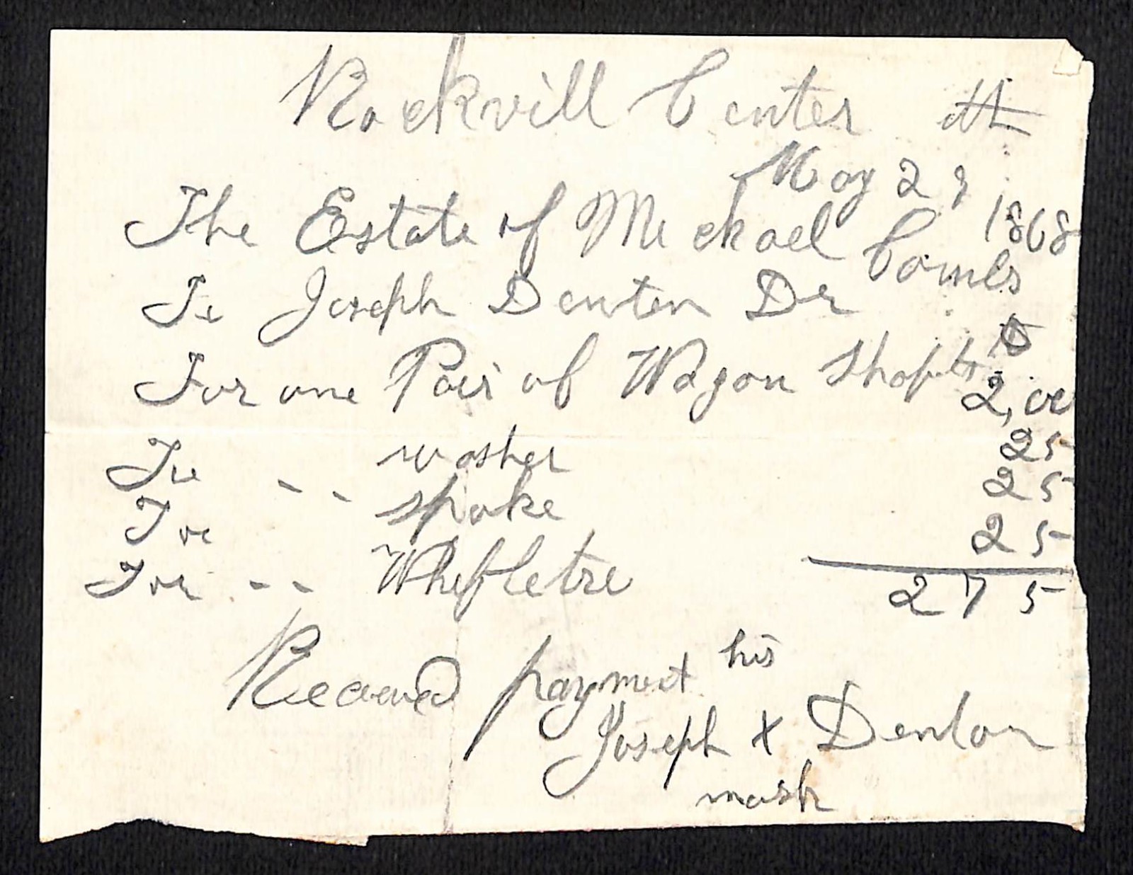 1868 Rockville Centre Wagon Shafts ++ Receipt - Michael Combs Estate