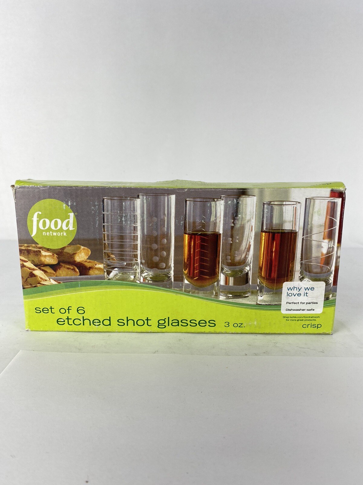 Food Network Set of 6 Etched Shot Glasses 3 oz. Shooter Size Tall 2010
