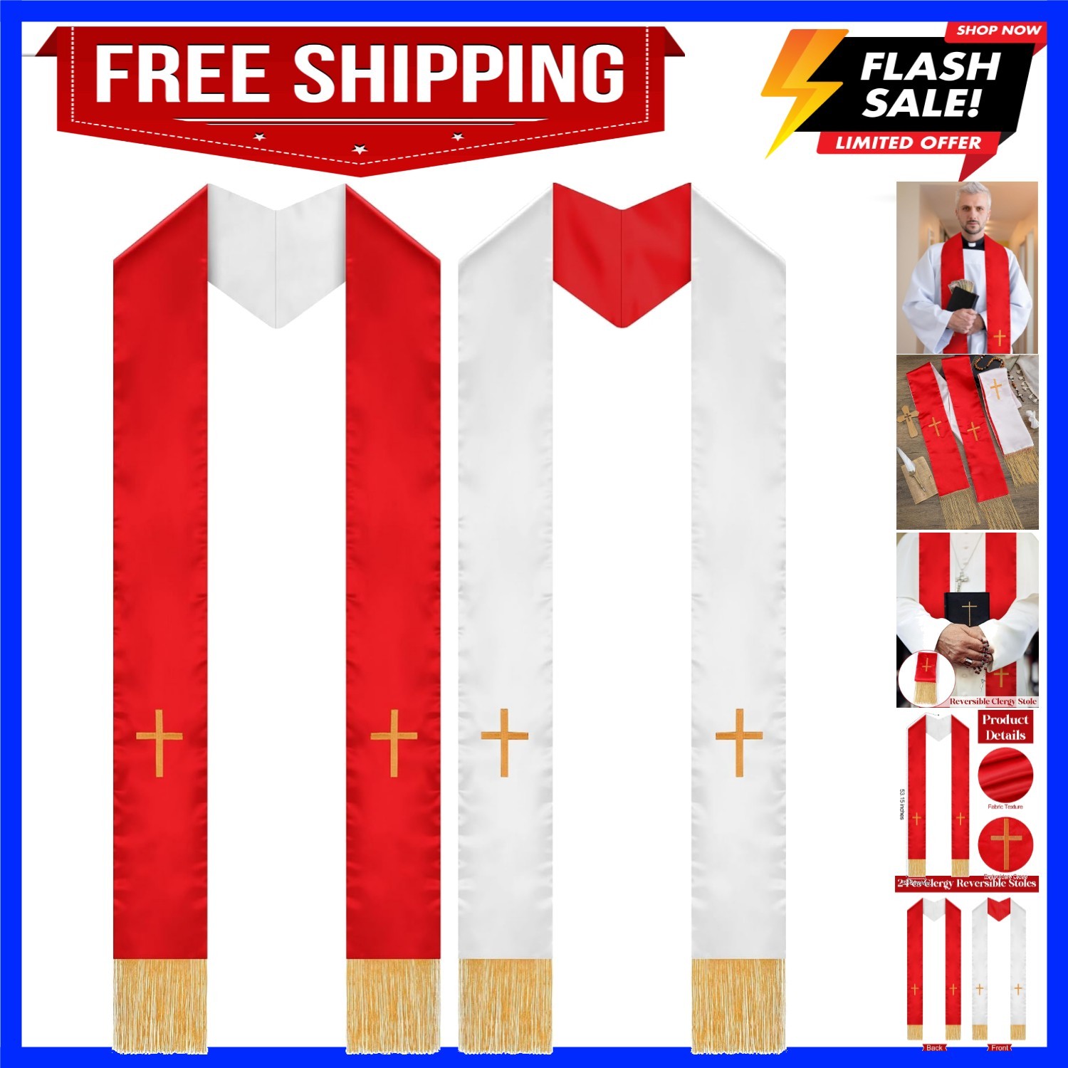 2 Pcs Embroidery Reversible Clergy Stole with Cross Tassels Wedding Church Mi...