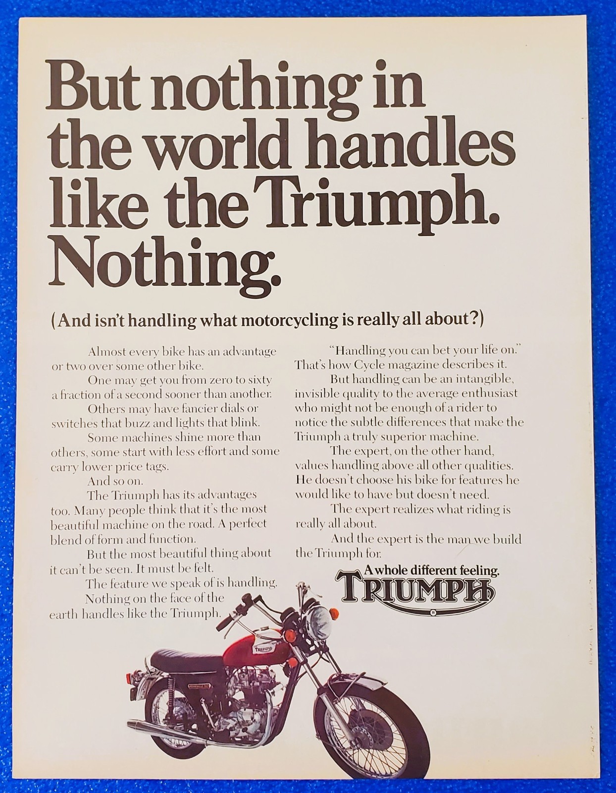 1971 Triumph Bonneville Motorcycle Print Ad Handling History Wall Art Retro Gift